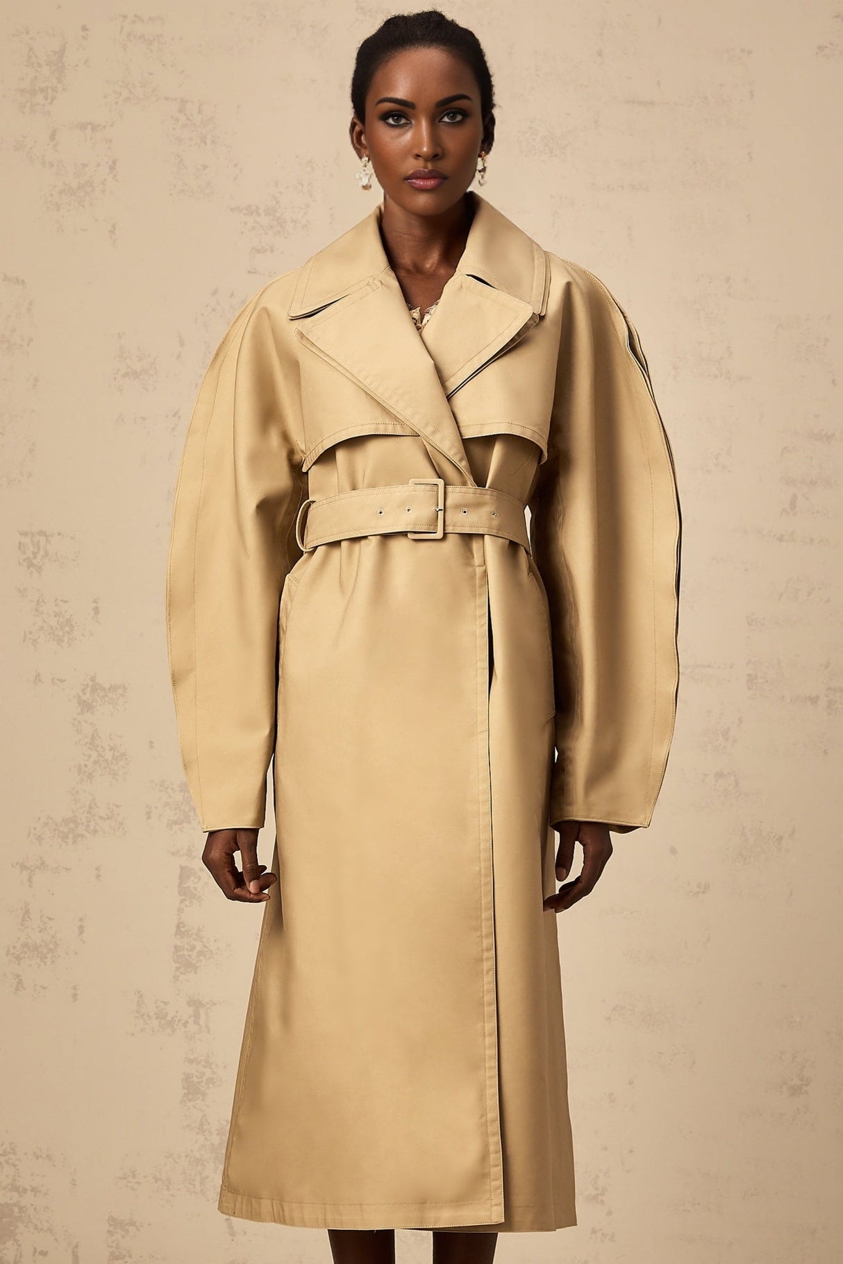 Amalia Trench Coat - Wide Layered Lapels - V - Neck - Curved Sleeves - Belted Waist