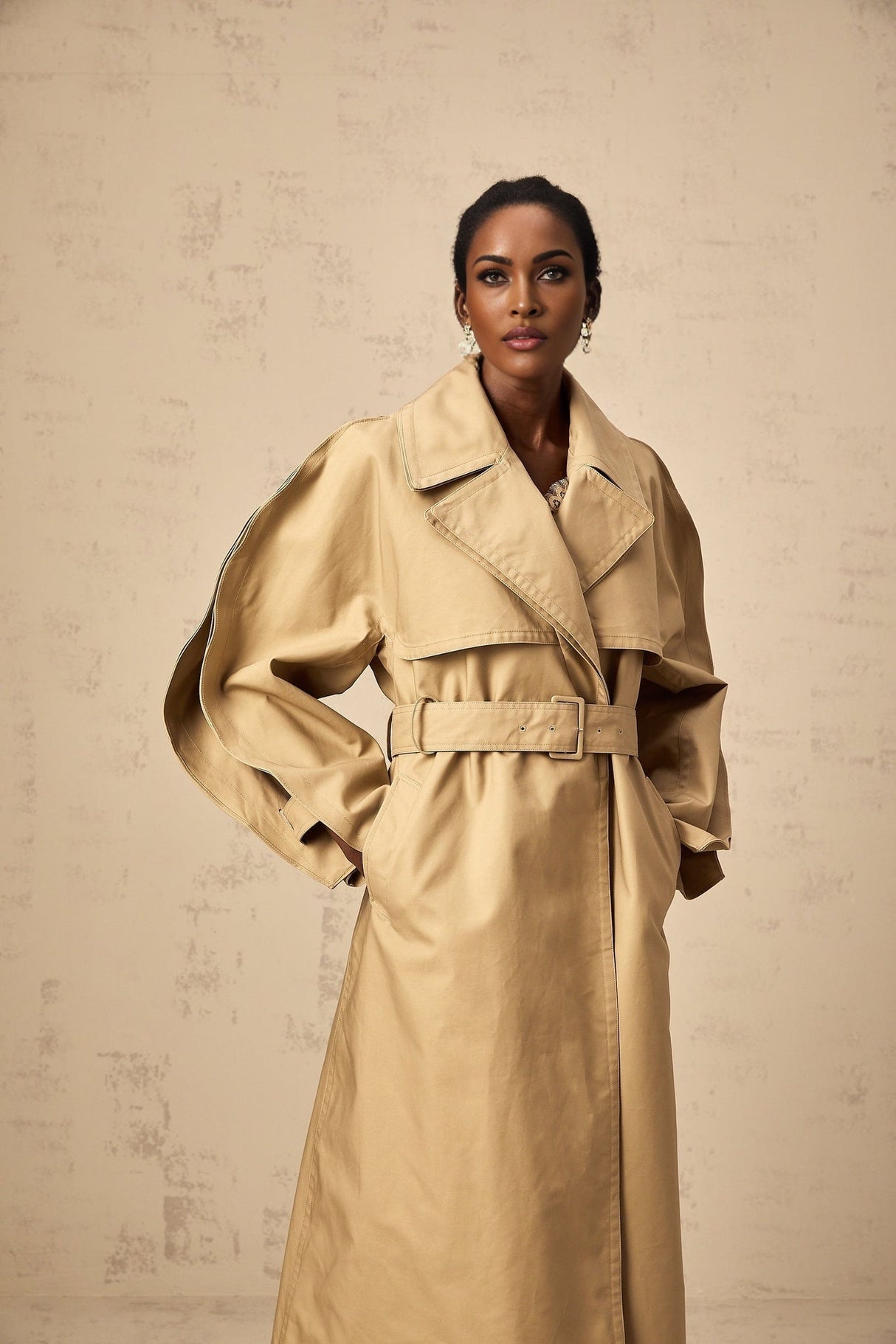 Amalia Trench Coat - Wide Layered Lapels - V - Neck - Curved Sleeves - Belted Waist