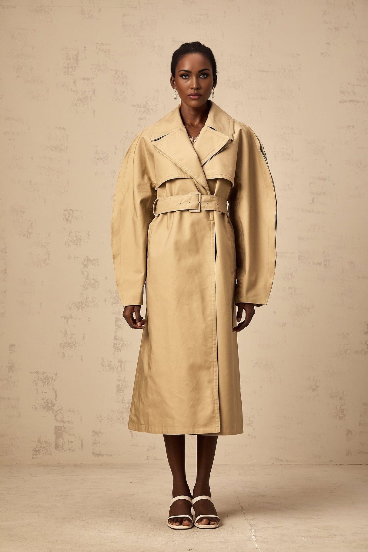 Amalia Trench Coat - Wide Layered Lapels - V - Neck - Curved Sleeves - Belted Waist