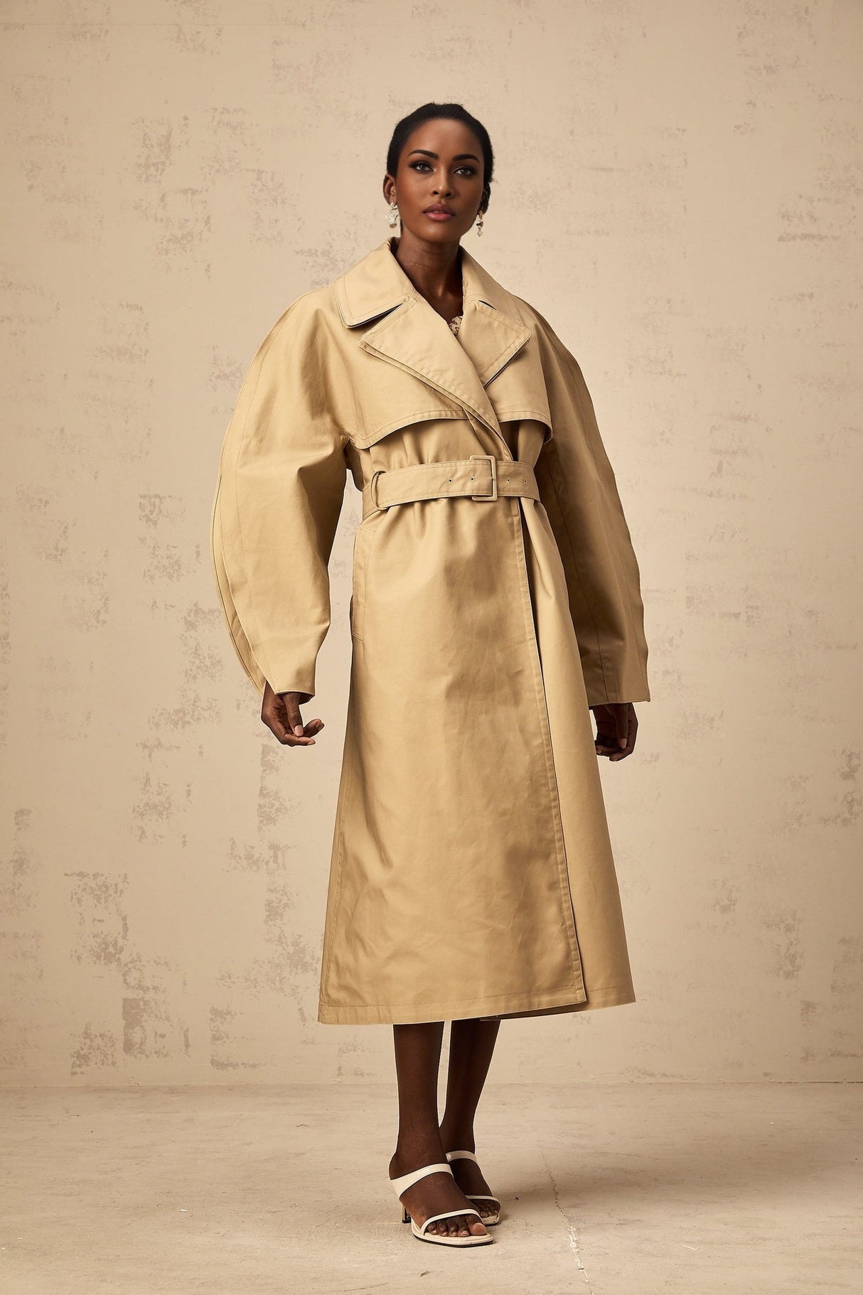 Amalia Trench Coat - Wide Layered Lapels - V - Neck - Curved Sleeves - Belted Waist