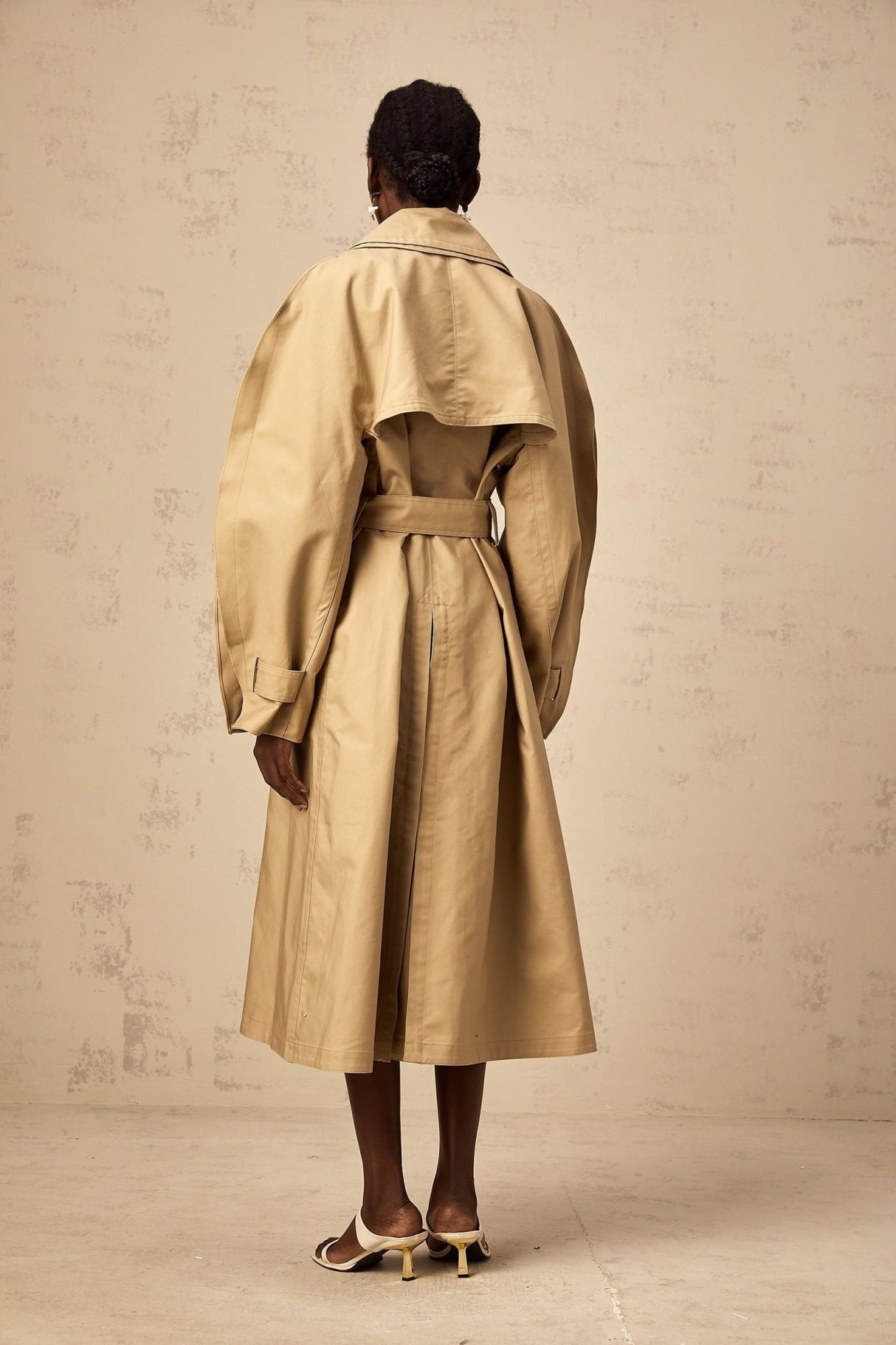 Amalia Trench Coat - Wide Layered Lapels - V - Neck - Curved Sleeves - Belted Waist
