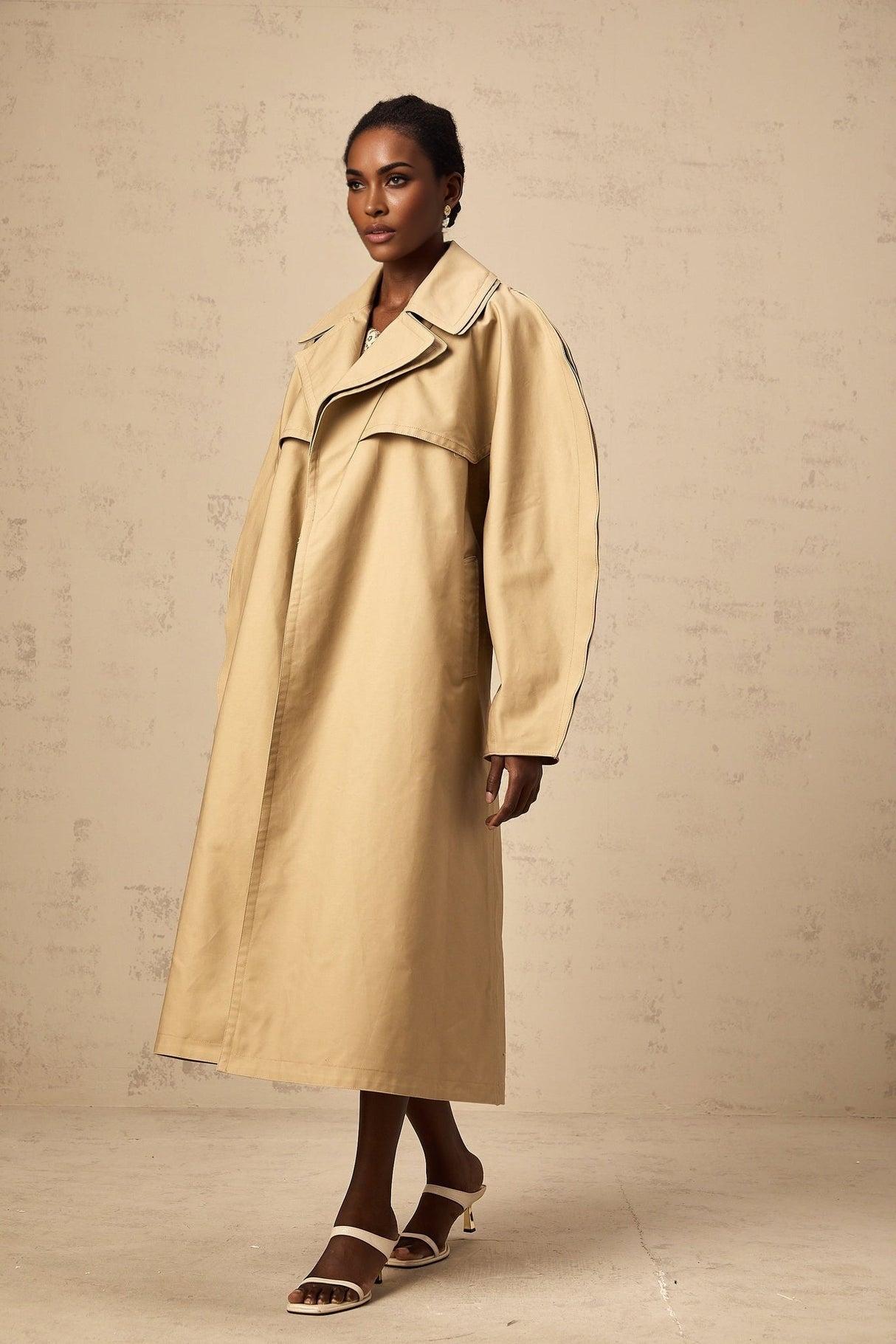Amalia Trench Coat - Wide Layered Lapels - V - Neck - Curved Sleeves - Belted Waist