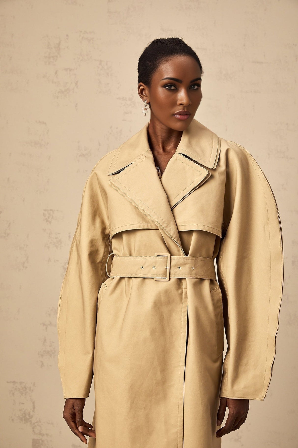 Amalia Trench Coat - Wide Layered Lapels - V - Neck - Curved Sleeves - Belted Waist