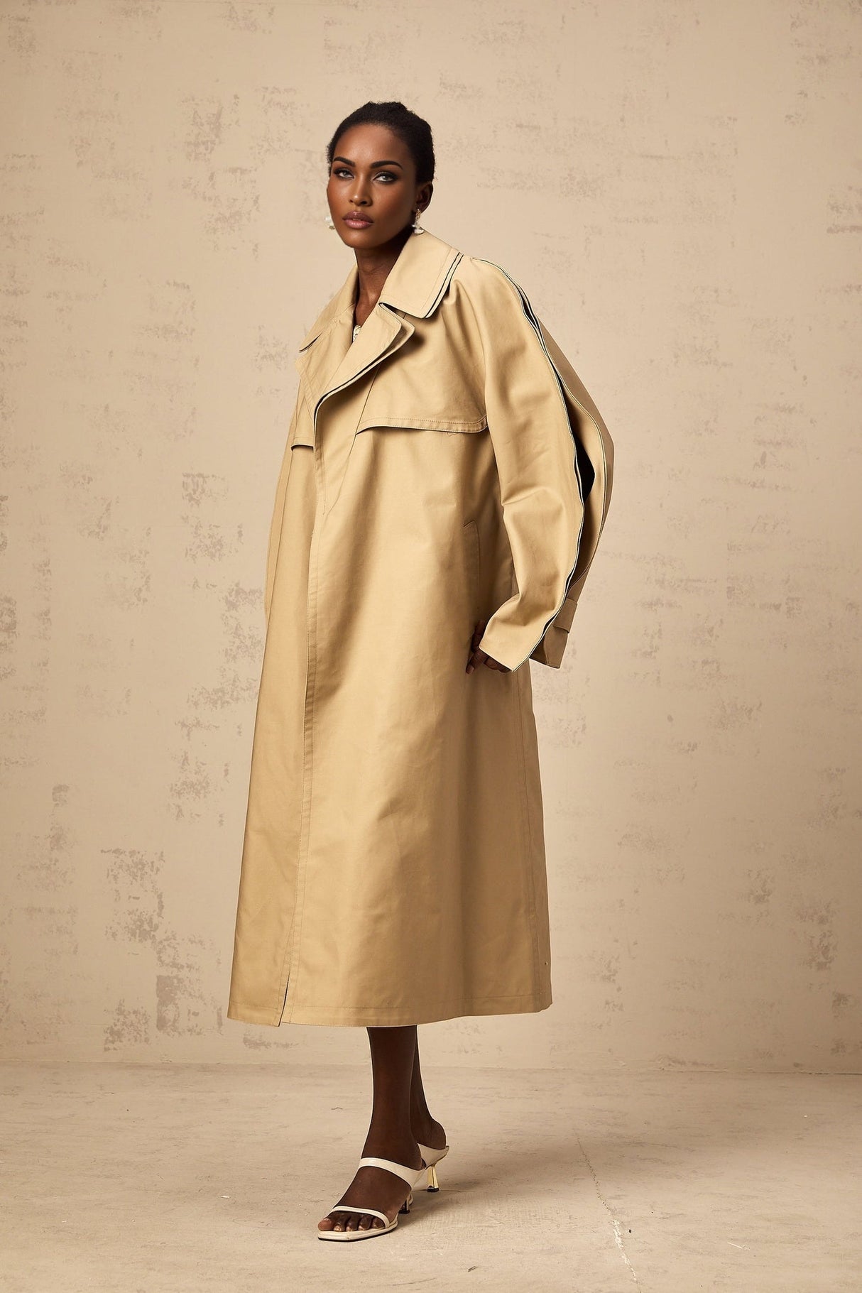 Amalia Trench Coat - Wide Layered Lapels - V - Neck - Curved Sleeves - Belted Waist