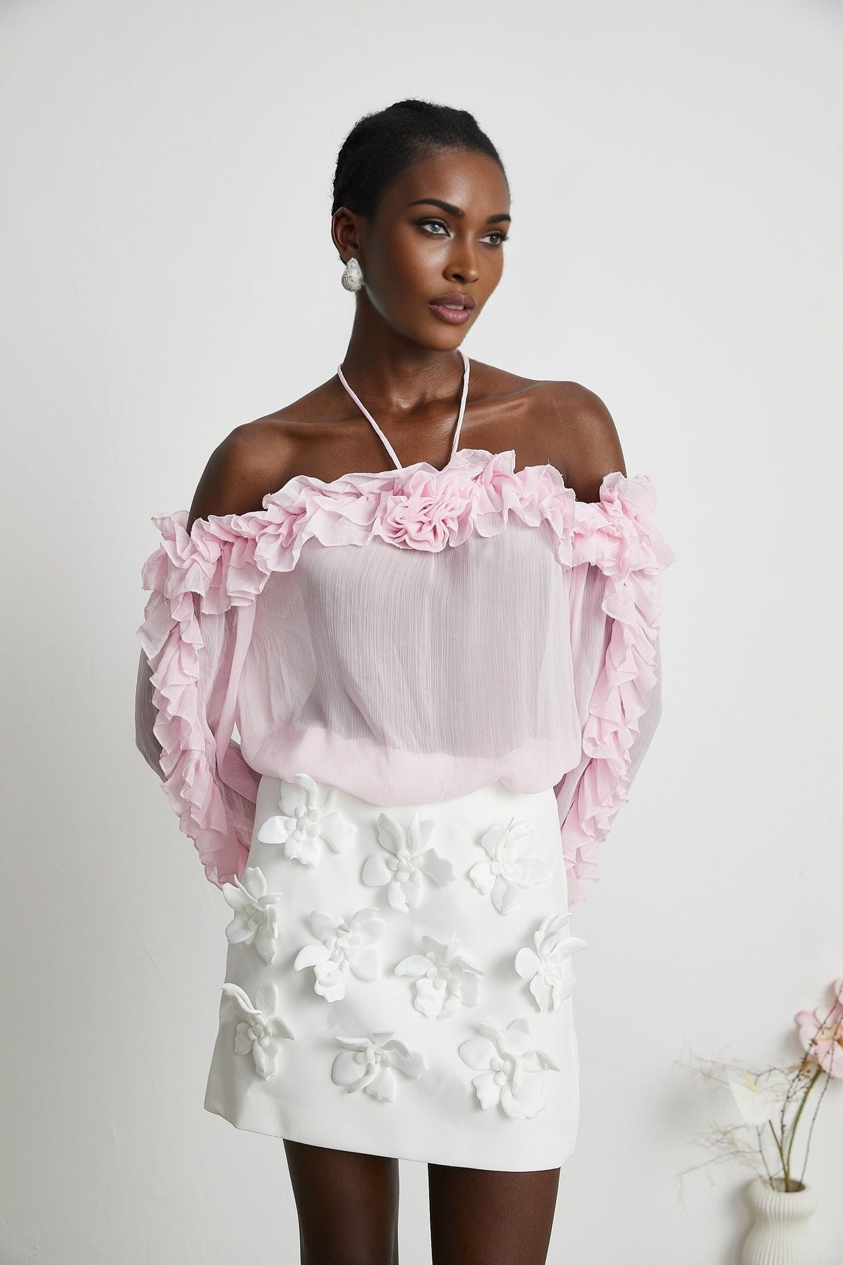 Amara Halter Blouse - Ruffle Trim - Floral Appliqué - Long Sleeves - Sheer Look