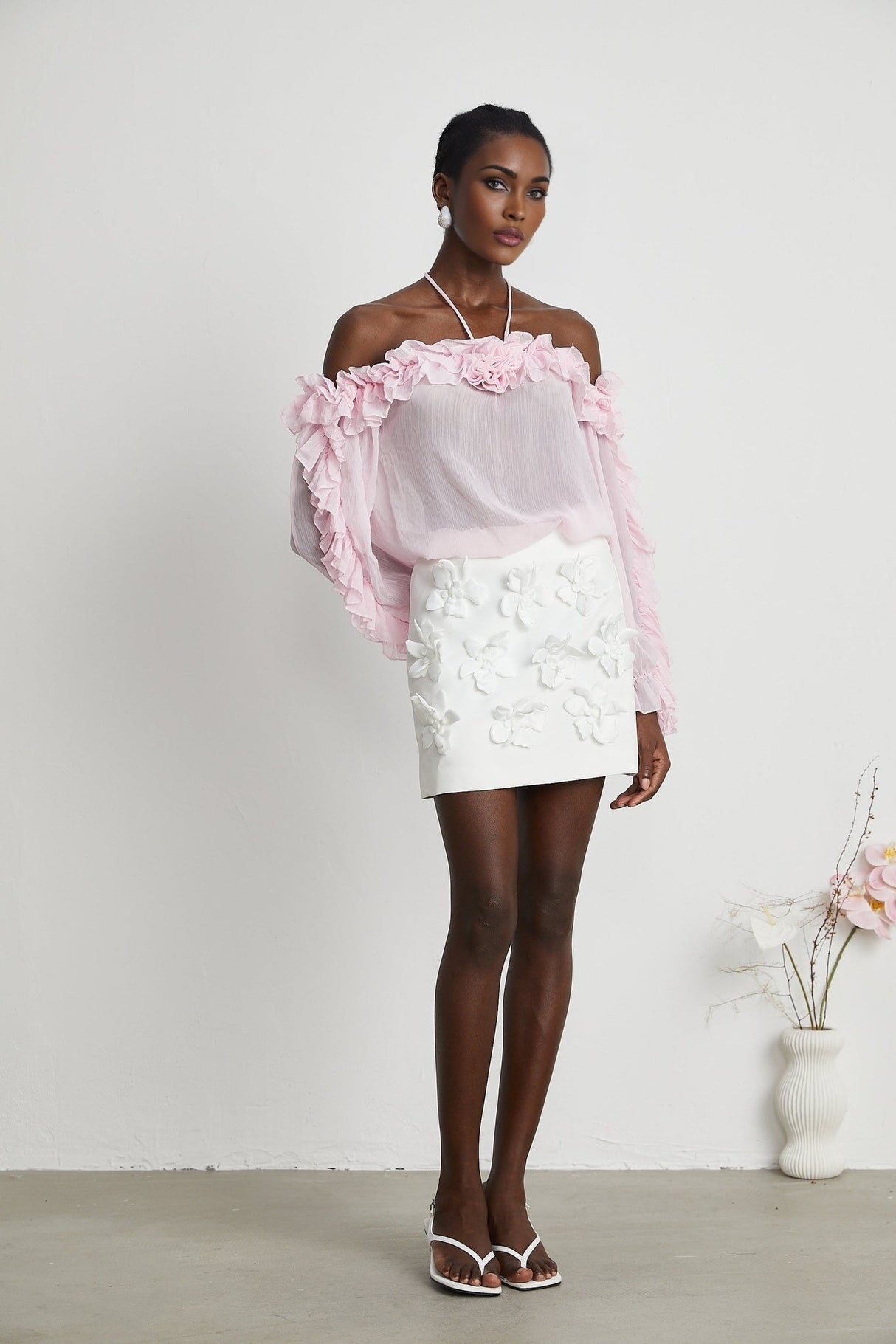 Amara Halter Blouse - Ruffle Trim - Floral Appliqué - Long Sleeves - Sheer Look