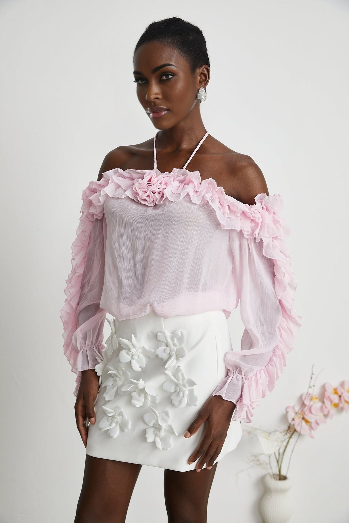 Amara Halter Blouse - Ruffle Trim - Floral Appliqué - Long Sleeves - Sheer Look