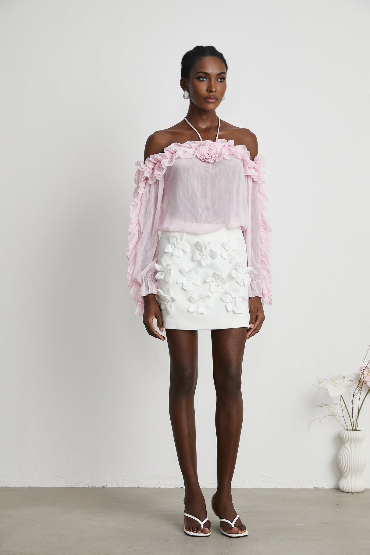 Amara Halter Blouse - Ruffle Trim - Floral Appliqué - Long Sleeves - Sheer Look