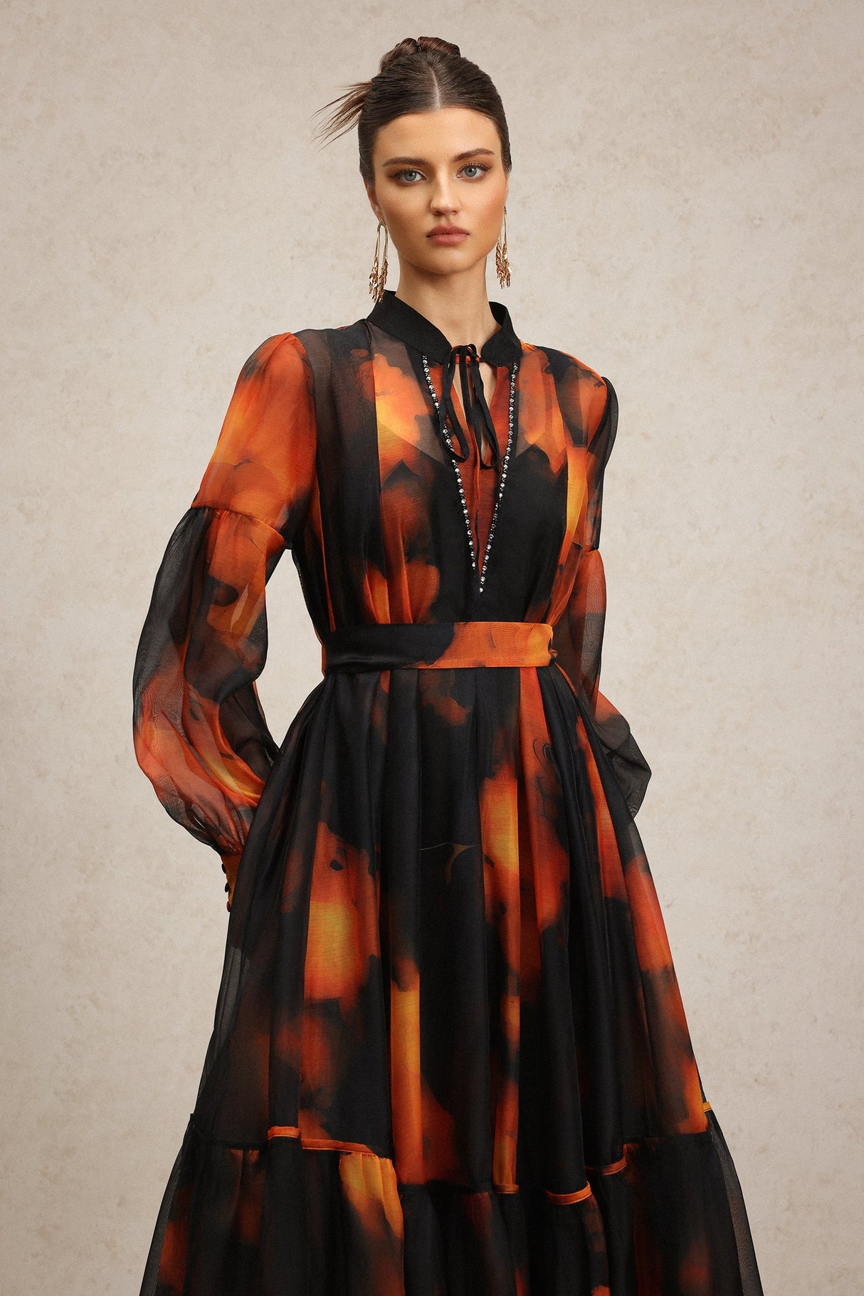 Amari Black Abstract Maxi Dress with Pleated Skirt and Billowy Sleeves