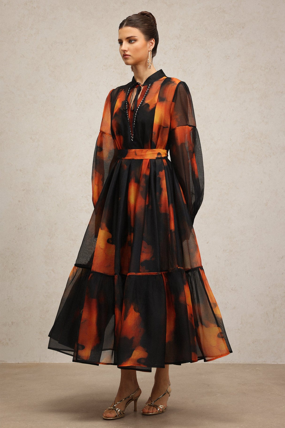 Amari Black Abstract Pattern Maxi Dress with Collared Neckline and Tie Detail