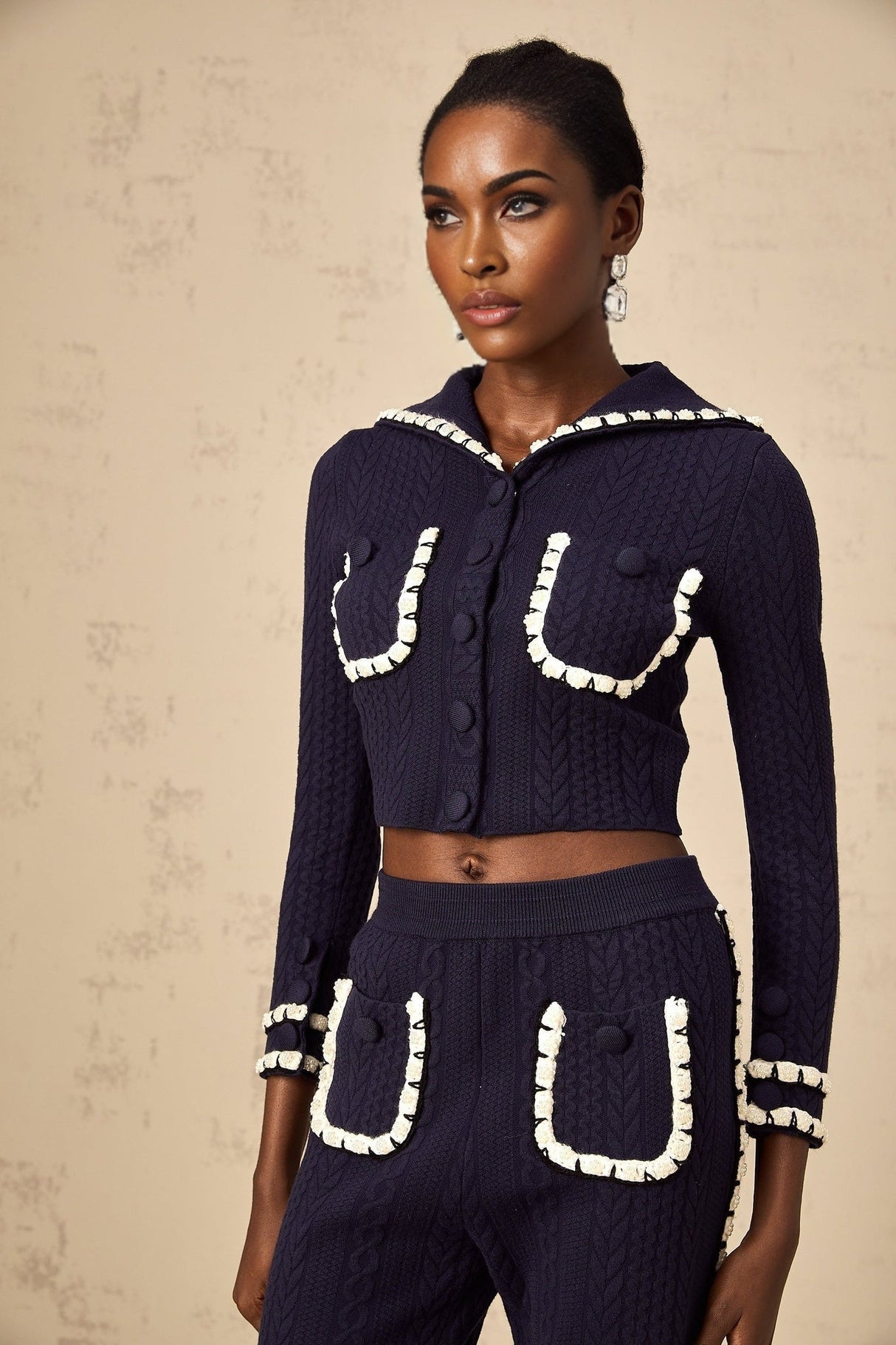 Amari Cardigan & Trousers - Sailor Collar - Chunky Crochet Knit - Front Button Fastening - Elasticated Waistband