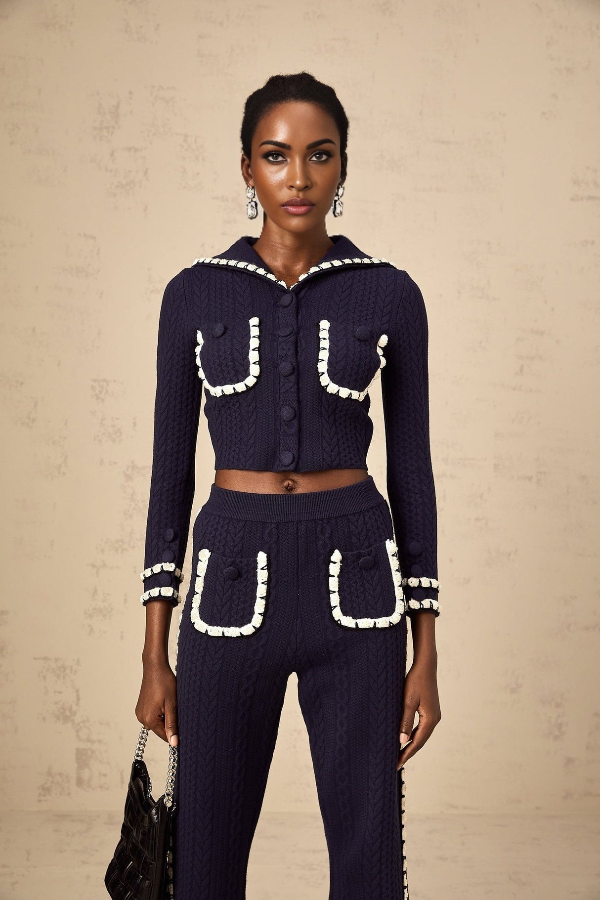 Amari Cardigan & Trousers - Sailor Collar - Chunky Crochet Knit - Front Button Fastening - Elasticated Waistband
