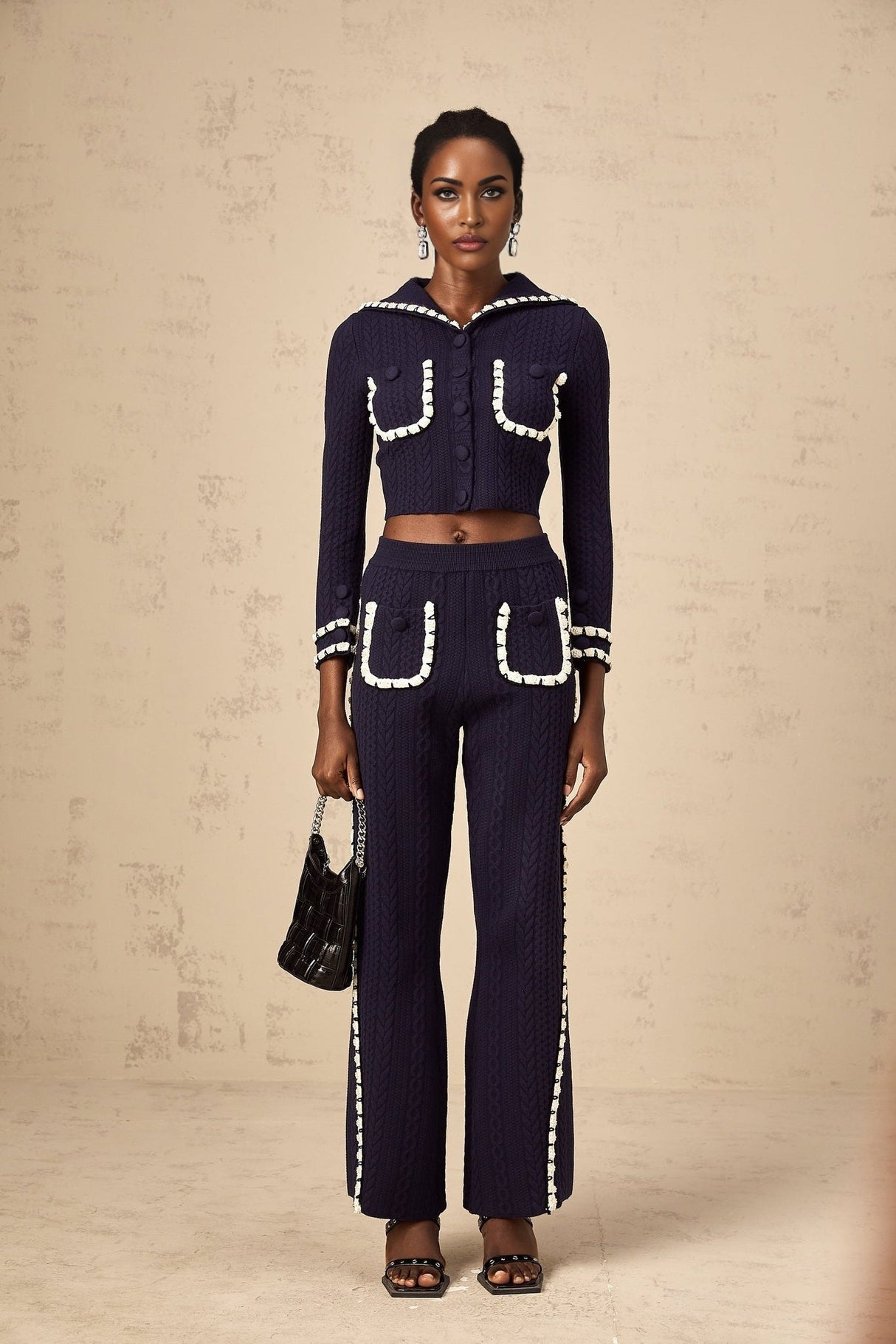 Amari Cardigan & Trousers - Sailor Collar - Chunky Crochet Knit - Front Button Fastening - Elasticated Waistband
