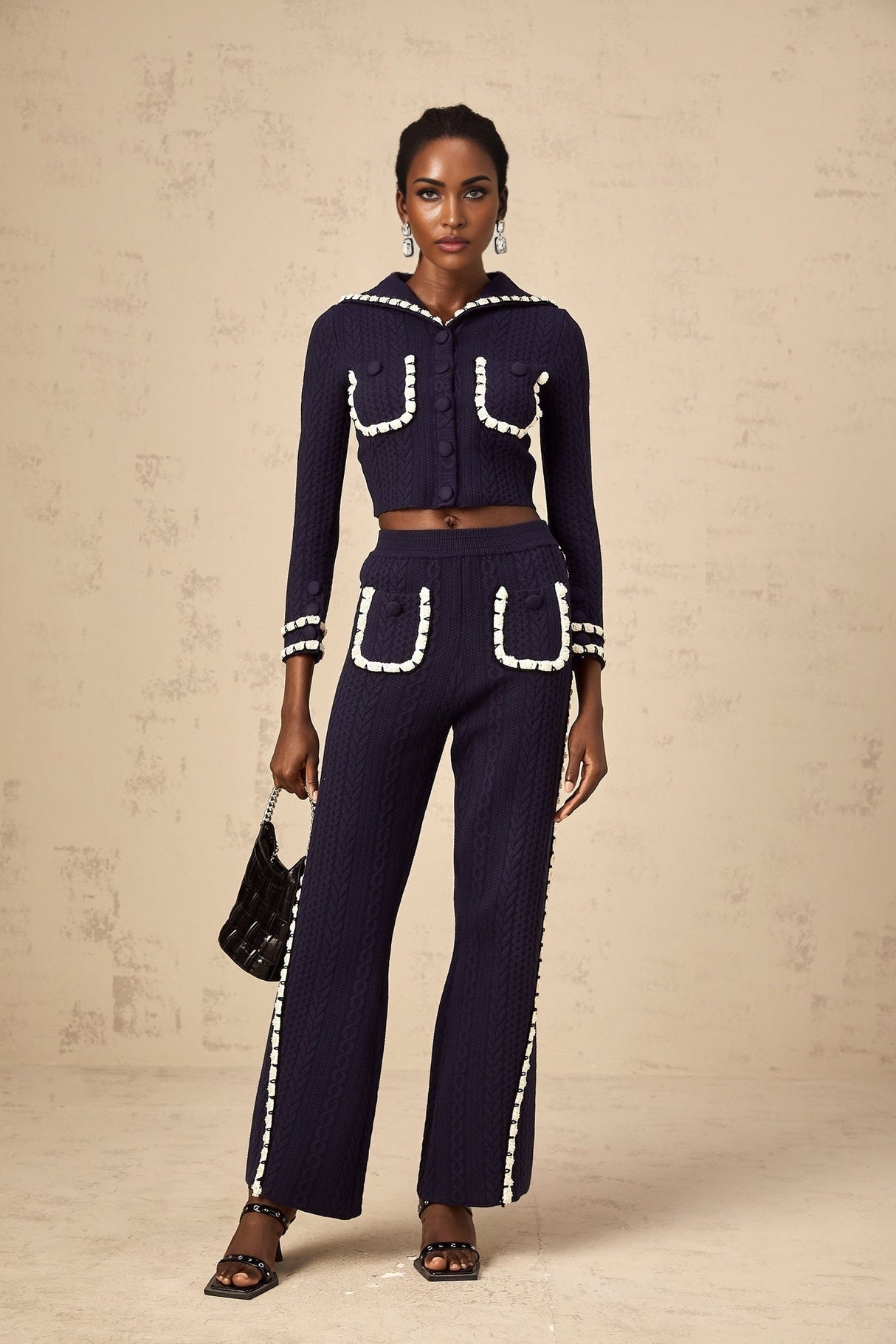 Amari Cardigan & Trousers - Sailor Collar - Chunky Crochet Knit - Front Button Fastening - Elasticated Waistband