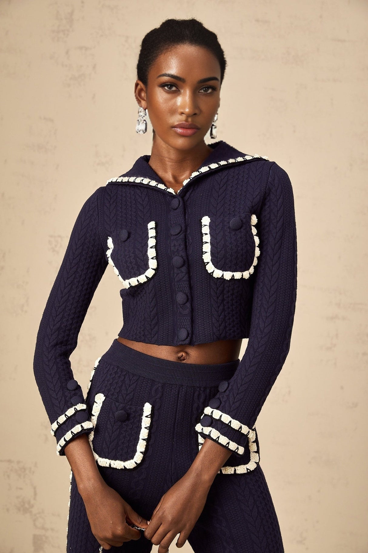 Amari Cardigan & Trousers - Sailor Collar - Chunky Crochet Knit - Front Button Fastening - Elasticated Waistband