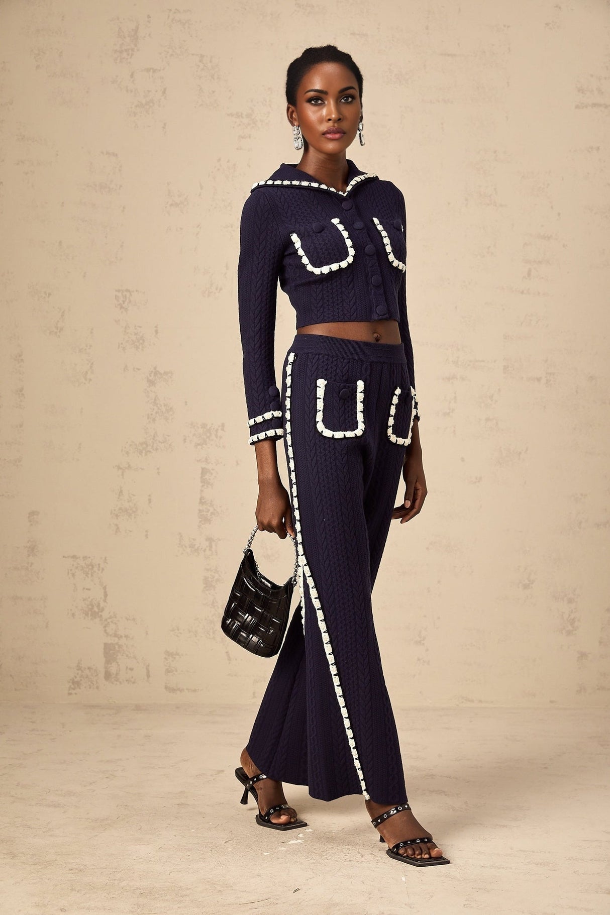 Amari Cardigan & Trousers - Sailor Collar - Chunky Crochet Knit - Front Button Fastening - Elasticated Waistband