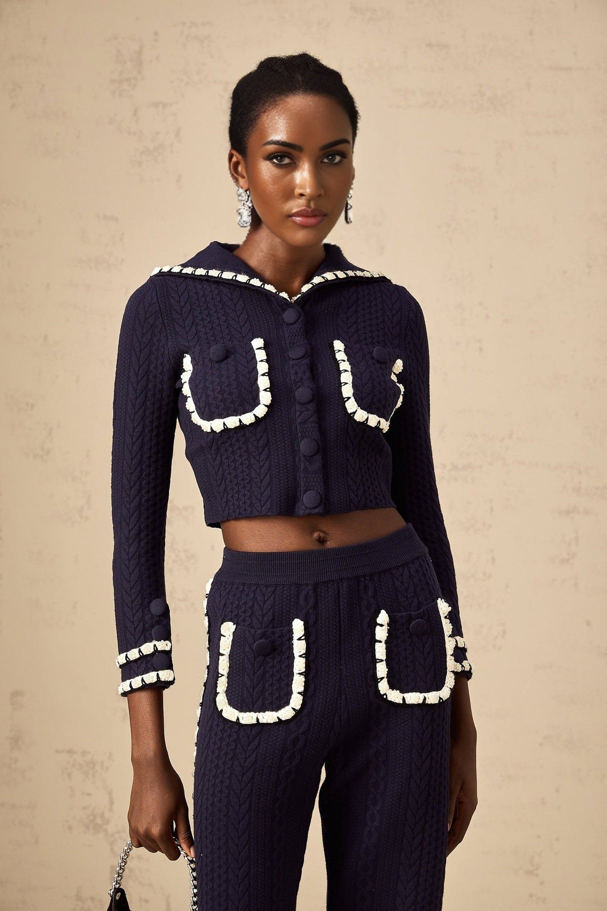 Amari Cardigan & Trousers - Sailor Collar - Chunky Crochet Knit - Front Button Fastening - Elasticated Waistband