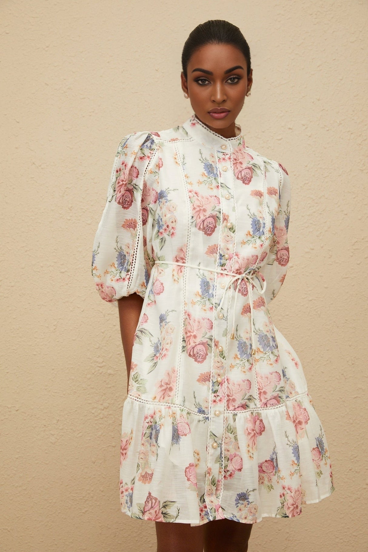 Amari Mini Dress - Floral Print - Puff Sleeves - Tied Waist - Scallop Trim - Faux - Pearl Buttons