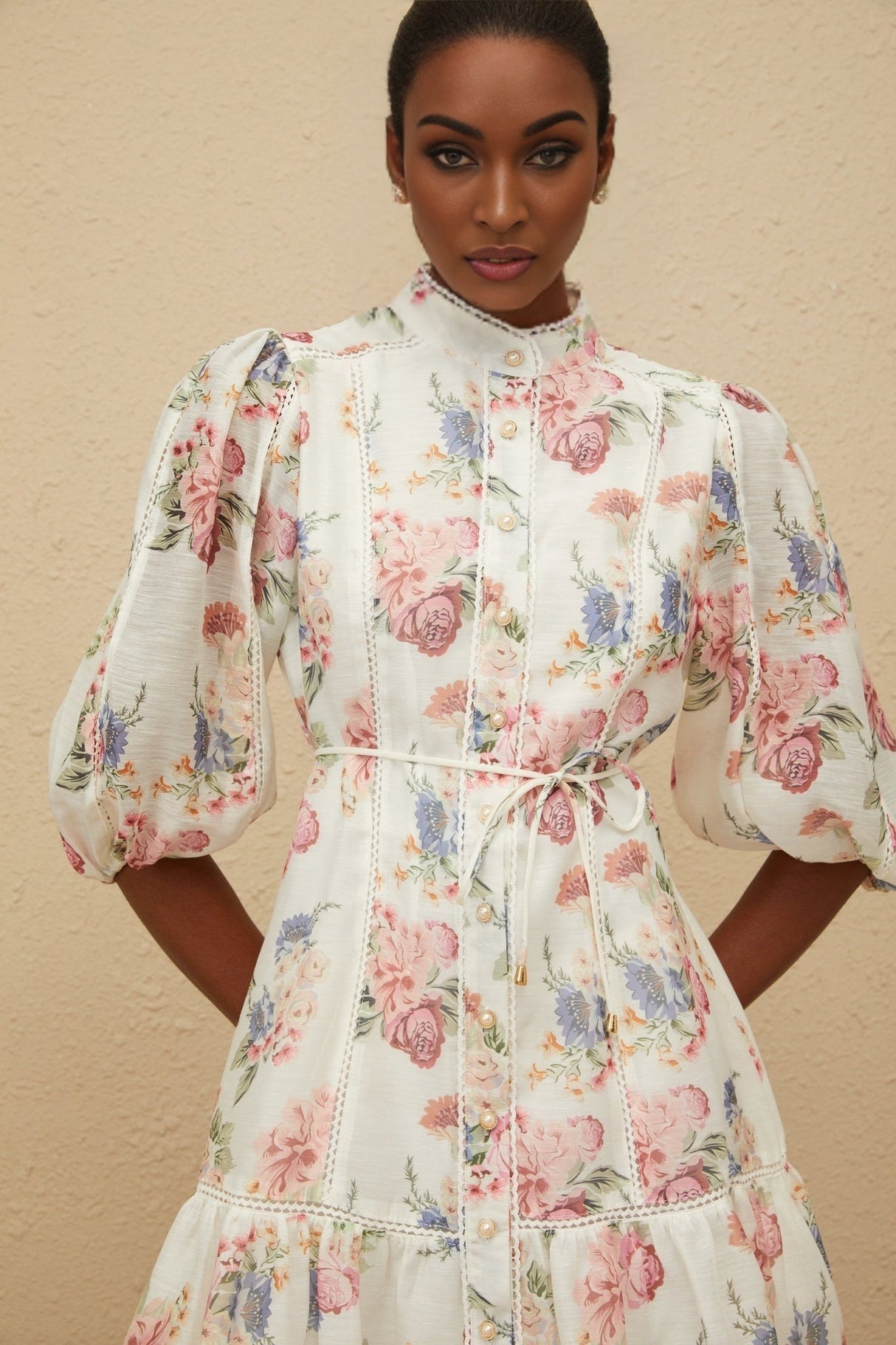 Amari Mini Dress - Floral Print - Puff Sleeves - Tied Waist - Scallop Trim - Faux - Pearl Buttons