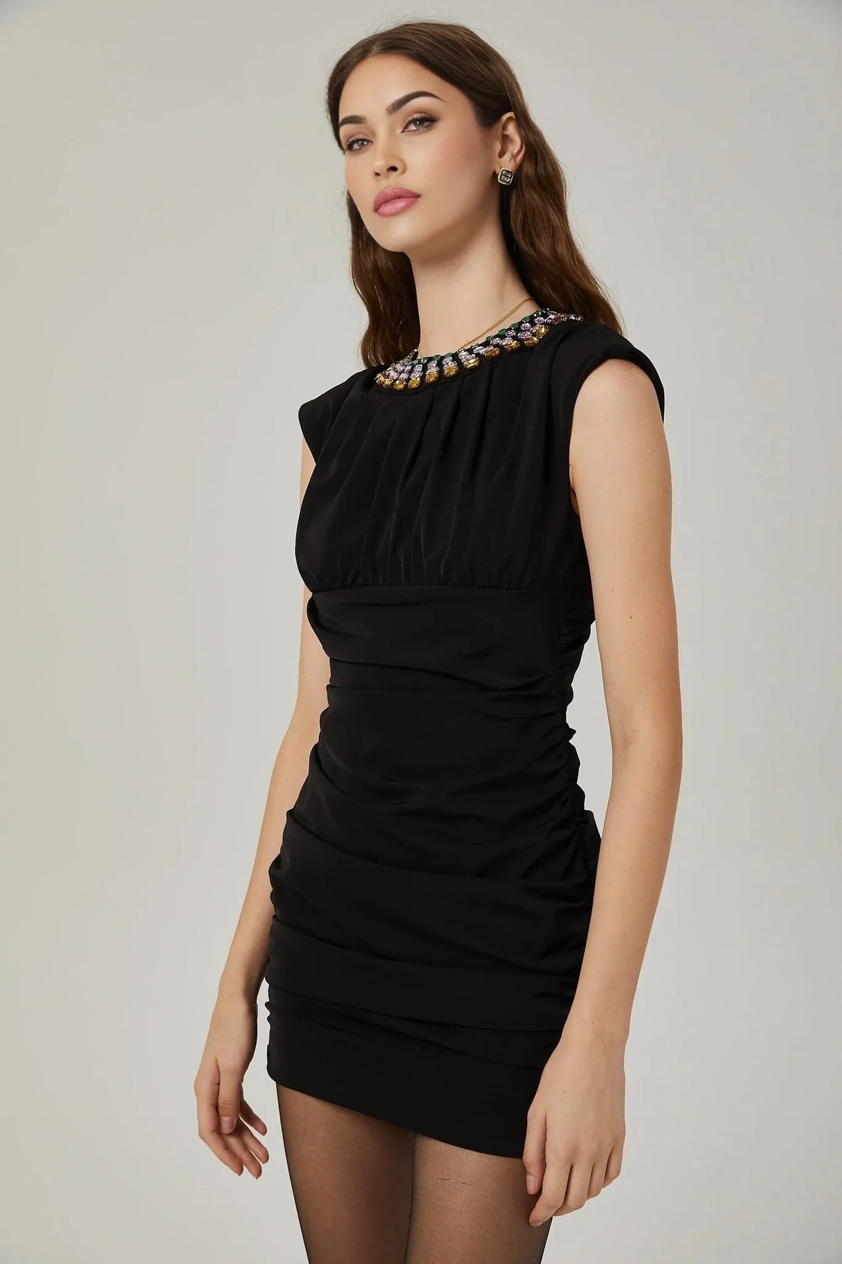 Amari Mini Dress - Sleeveless - Ruched Detailing - Crystal Embellishment - Rear Zip Fastening