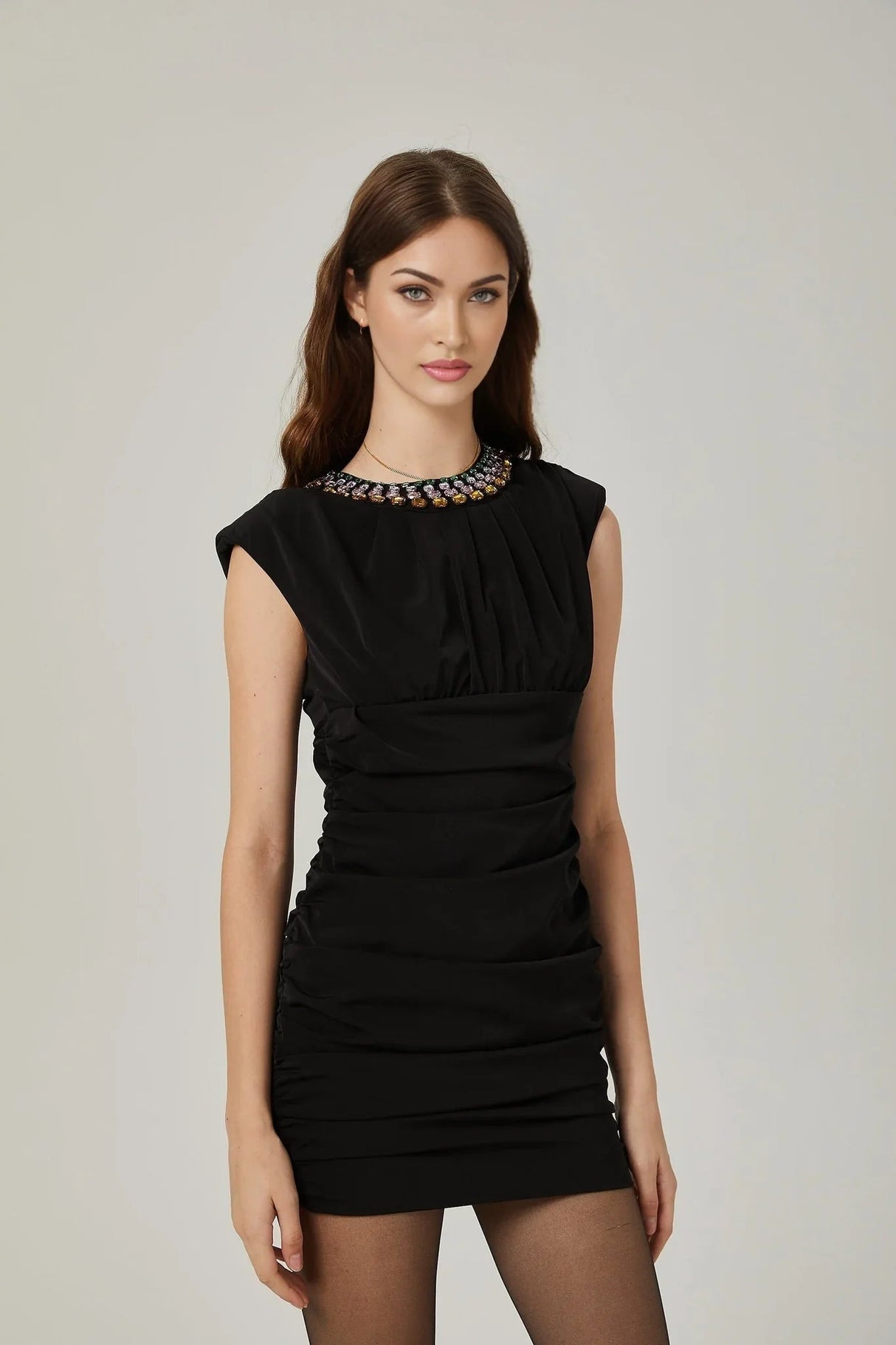 Amari Mini Dress - Sleeveless - Ruched Detailing - Crystal Embellishment - Rear Zip Fastening