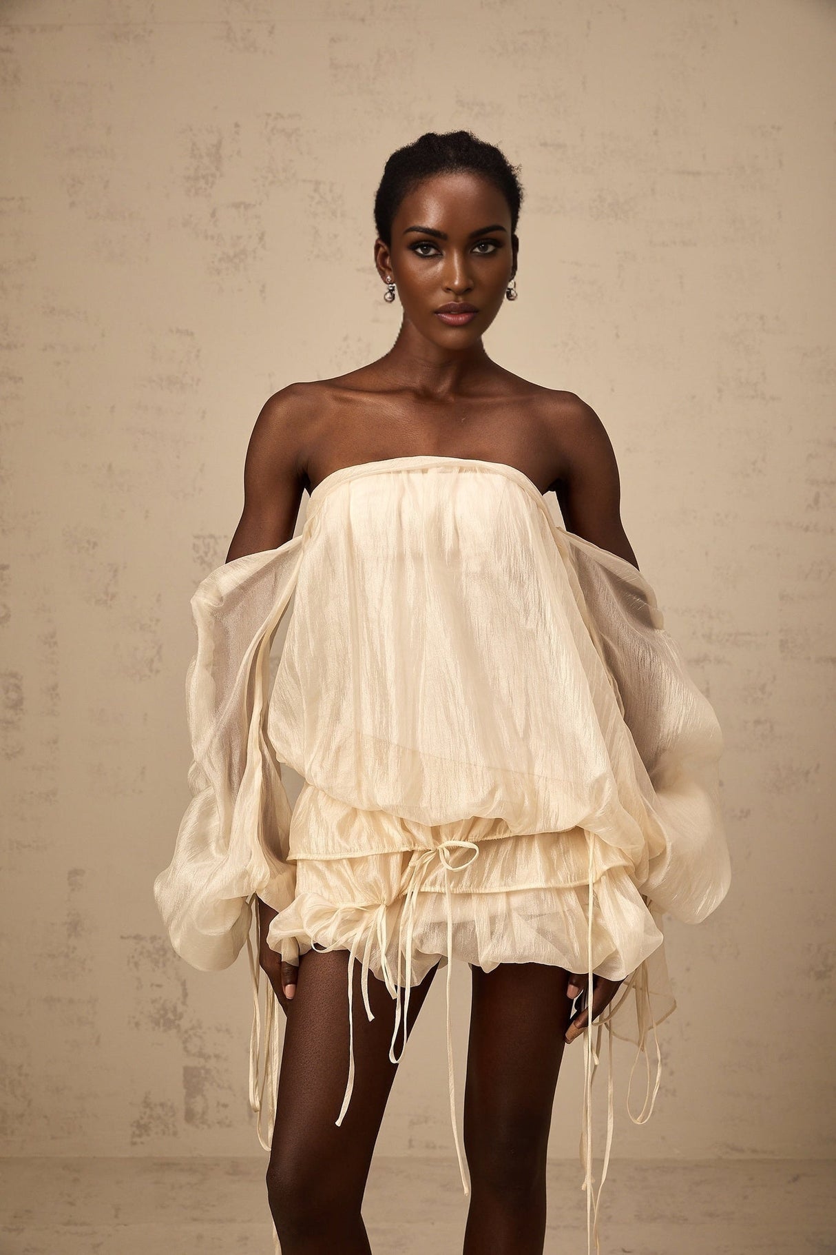 Amaya Mini Dress - Off - the - shoulder Style - Long Puff Sleeves - Adjustable Self - tie Design - Ruched Detailing
