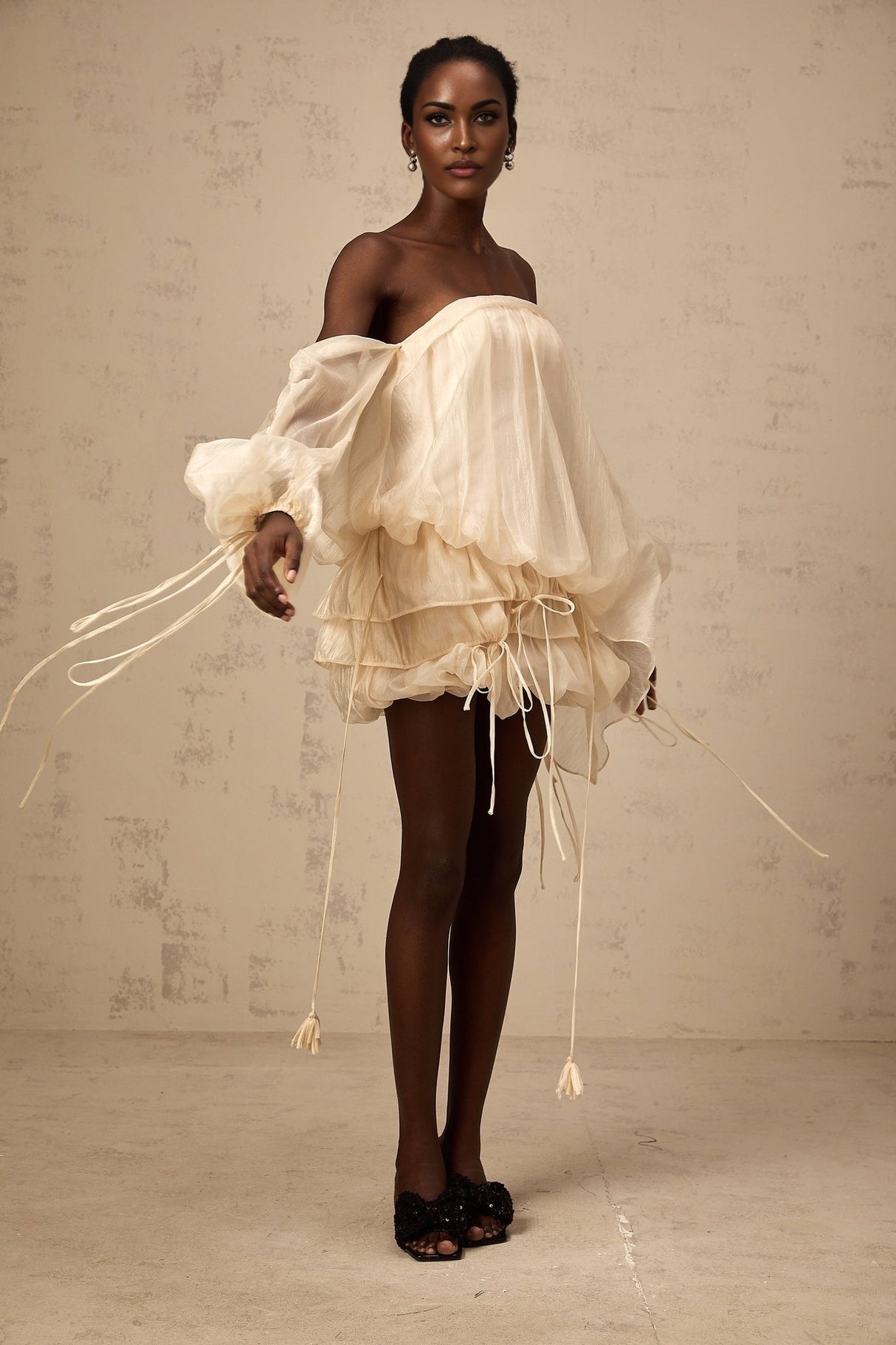 Amaya Mini Dress - Off - the - shoulder Style - Long Puff Sleeves - Adjustable Self - tie Design - Ruched Detailing