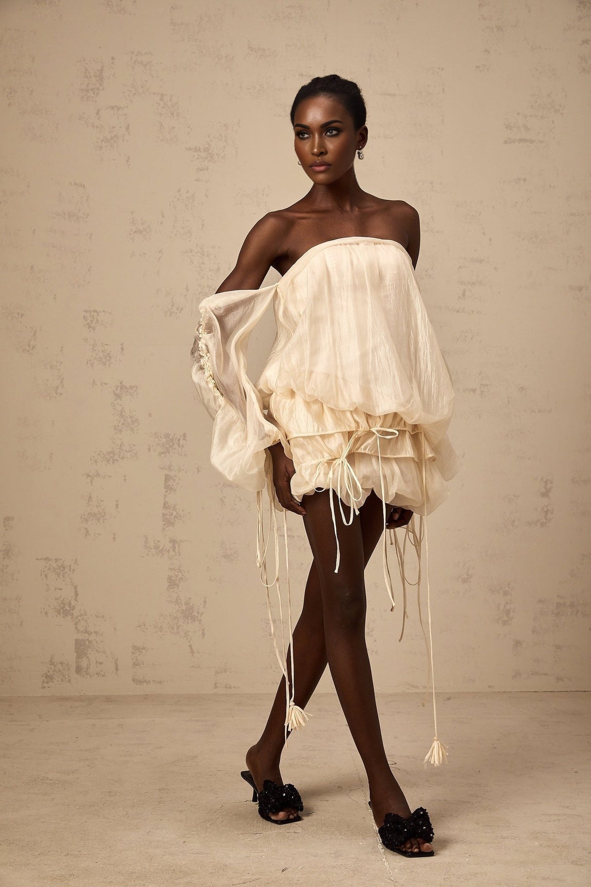 Amaya Mini Dress - Off - the - shoulder Style - Long Puff Sleeves - Adjustable Self - tie Design - Ruched Detailing