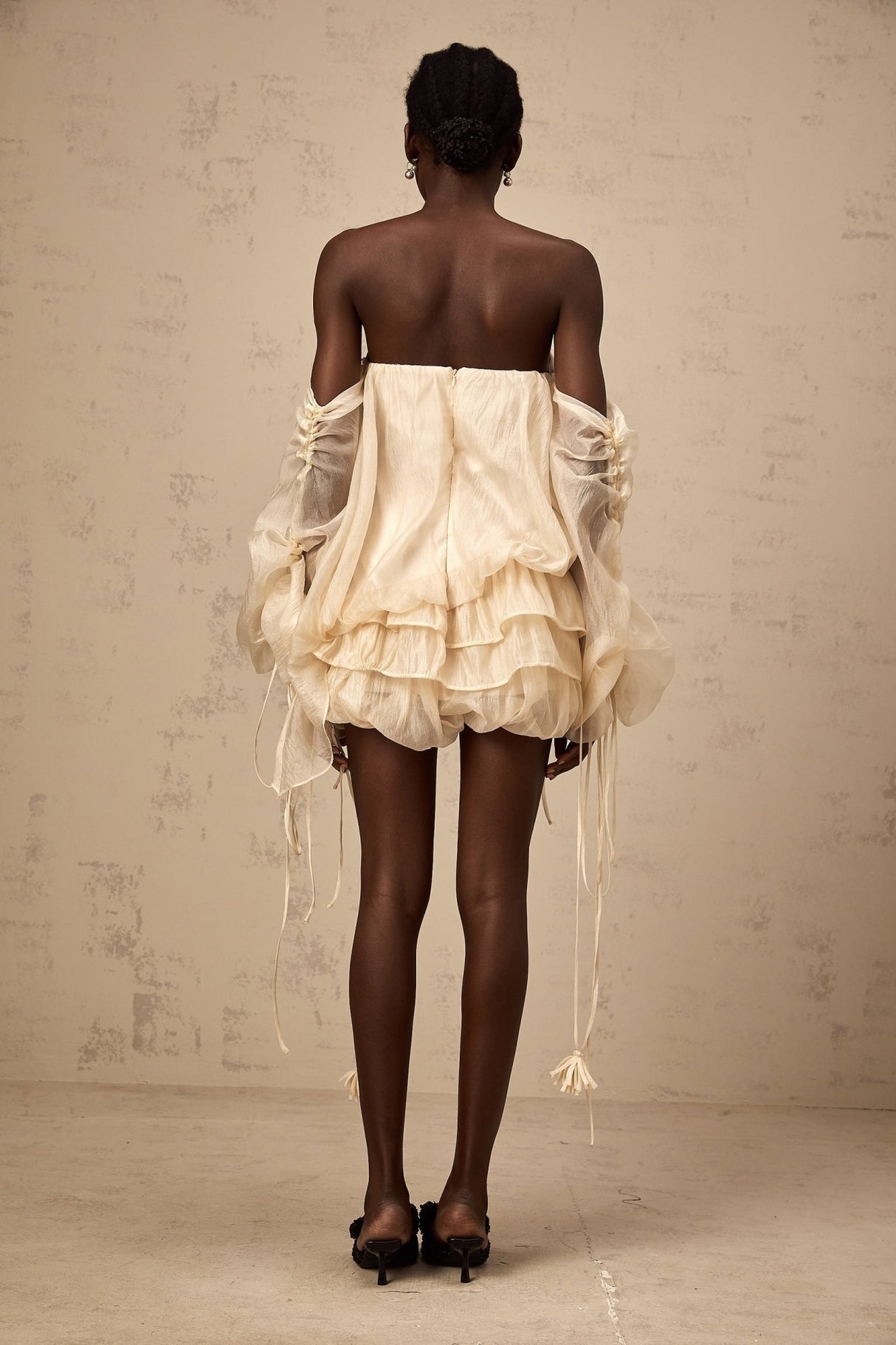 Amaya Mini Dress - Off - the - shoulder Style - Long Puff Sleeves - Adjustable Self - tie Design - Ruched Detailing