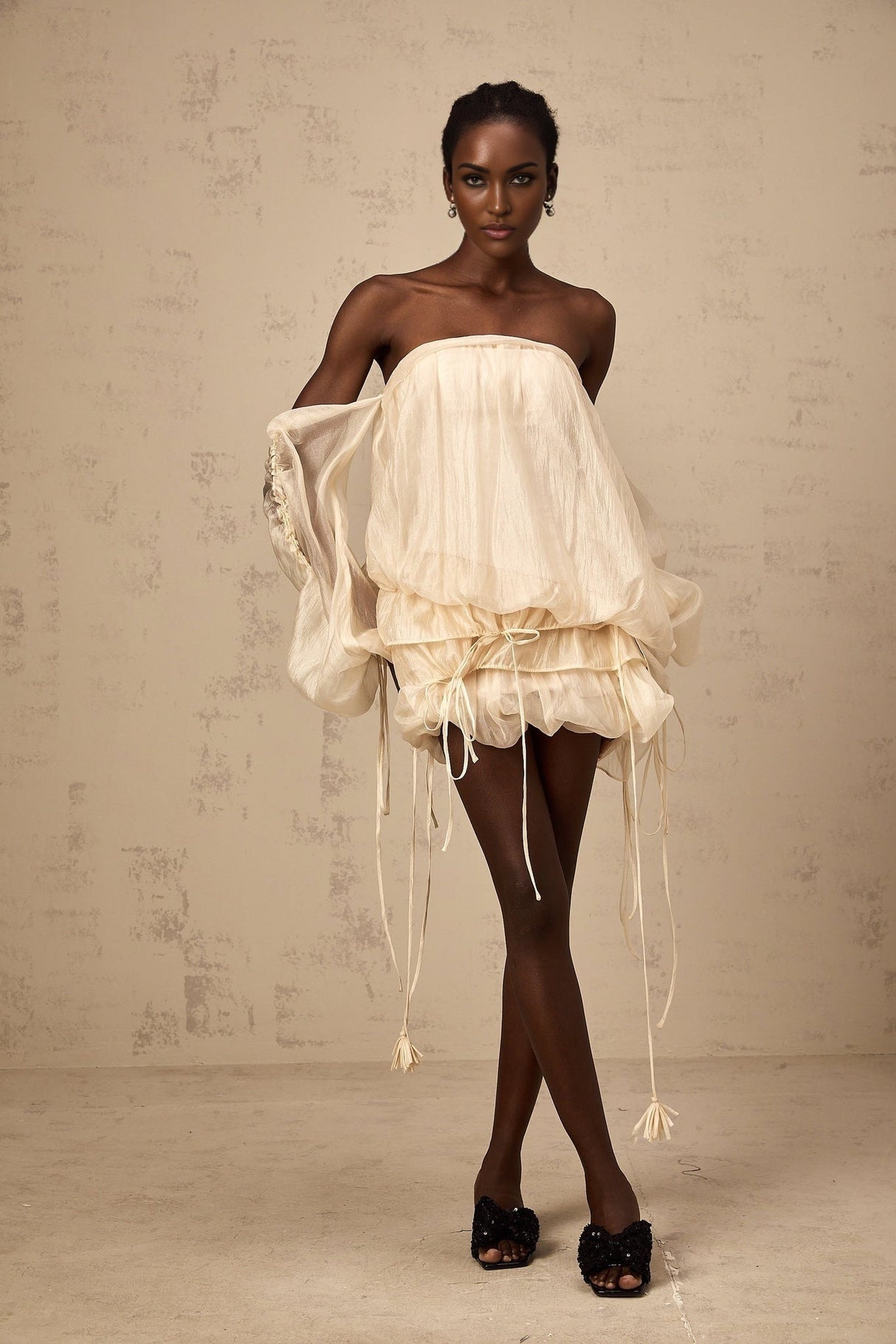 Amaya Mini Dress - Off - the - shoulder Style - Long Puff Sleeves - Adjustable Self - tie Design - Ruched Detailing