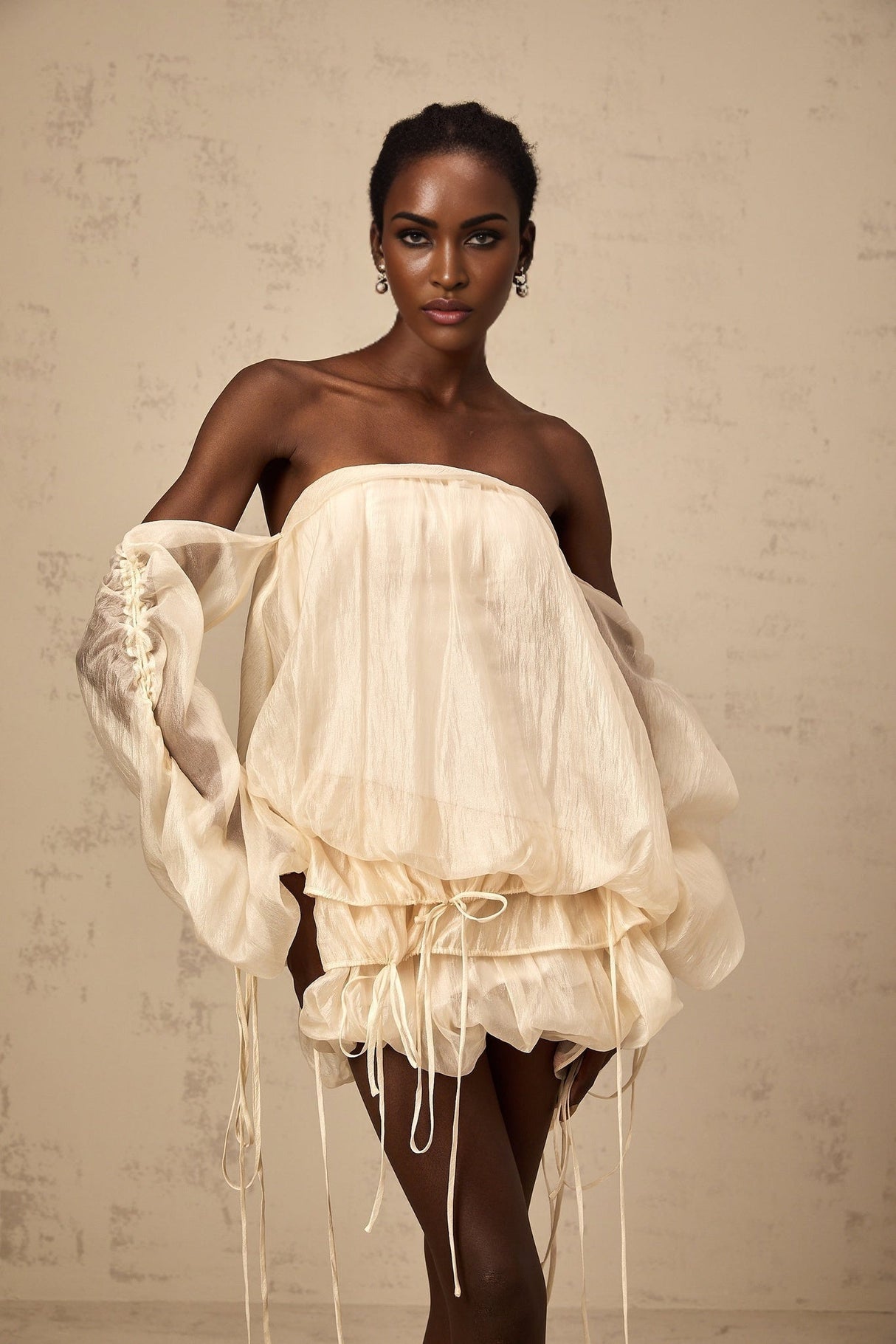 Amaya Mini Dress - Off - the - shoulder Style - Long Puff Sleeves - Adjustable Self - tie Design - Ruched Detailing