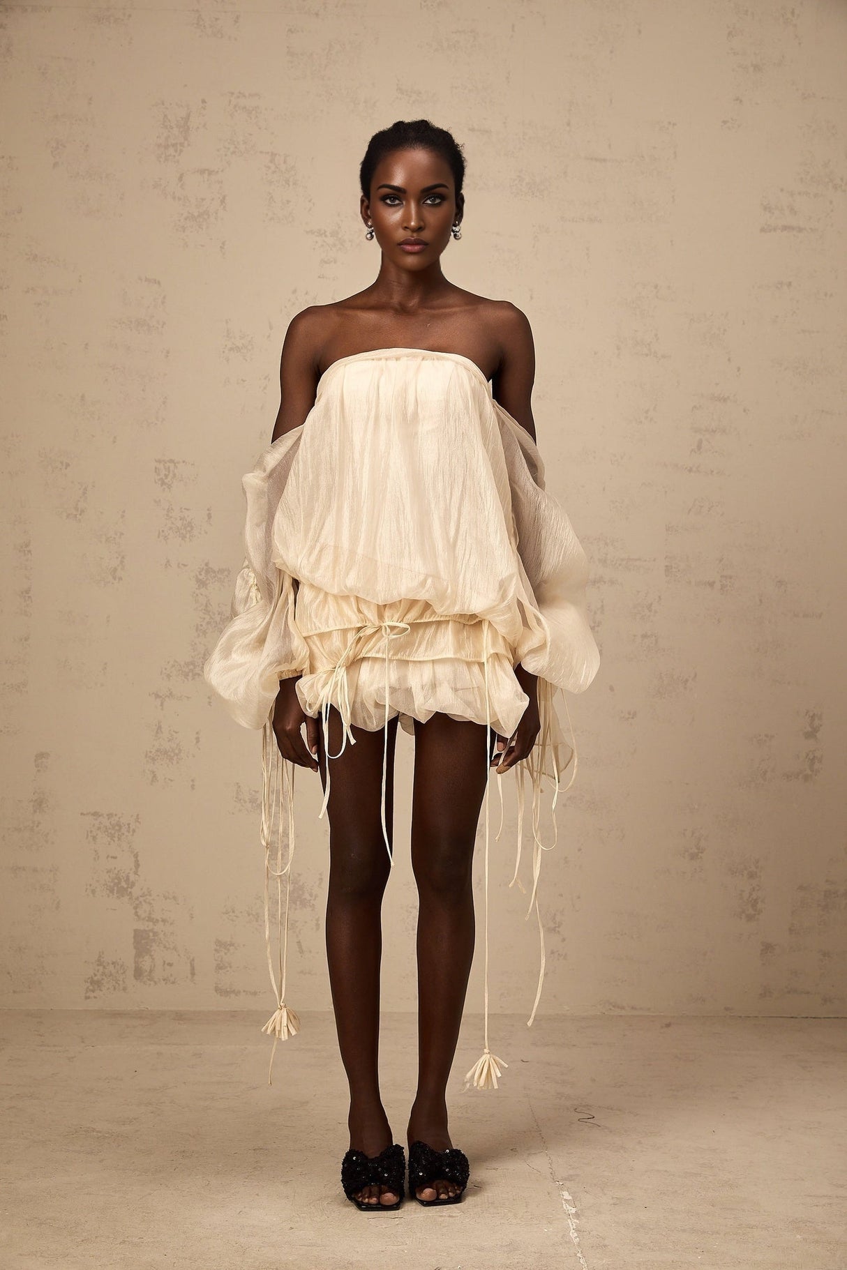 Amaya Mini Dress - Off - the - shoulder Style - Long Puff Sleeves - Adjustable Self - tie Design - Ruched Detailing