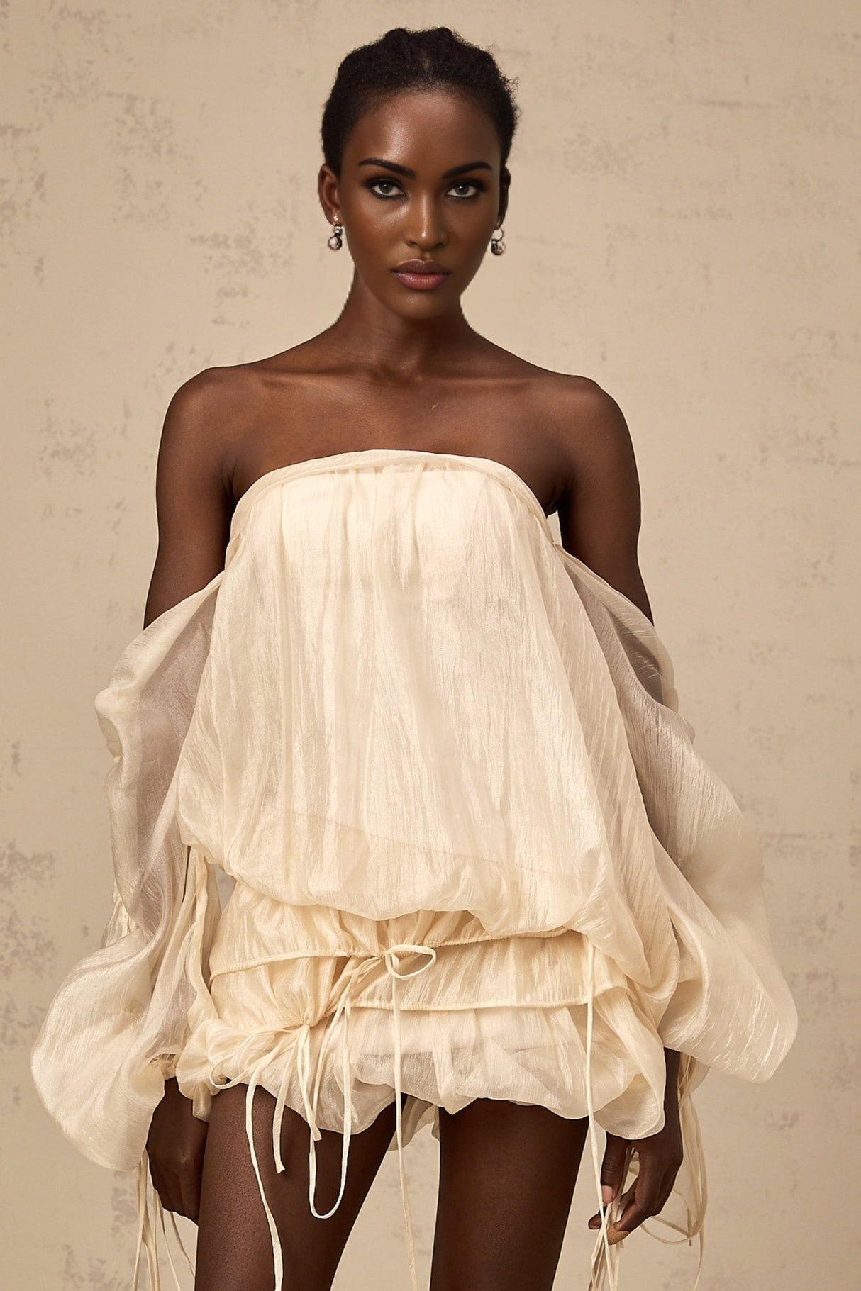 Amaya Mini Dress - Off - the - shoulder Style - Long Puff Sleeves - Adjustable Self - tie Design - Ruched Detailing