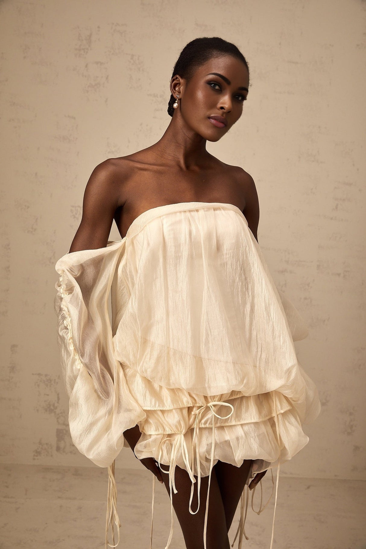 Amaya Mini Dress - Off - the - shoulder Style - Long Puff Sleeves - Adjustable Self - tie Design - Ruched Detailing