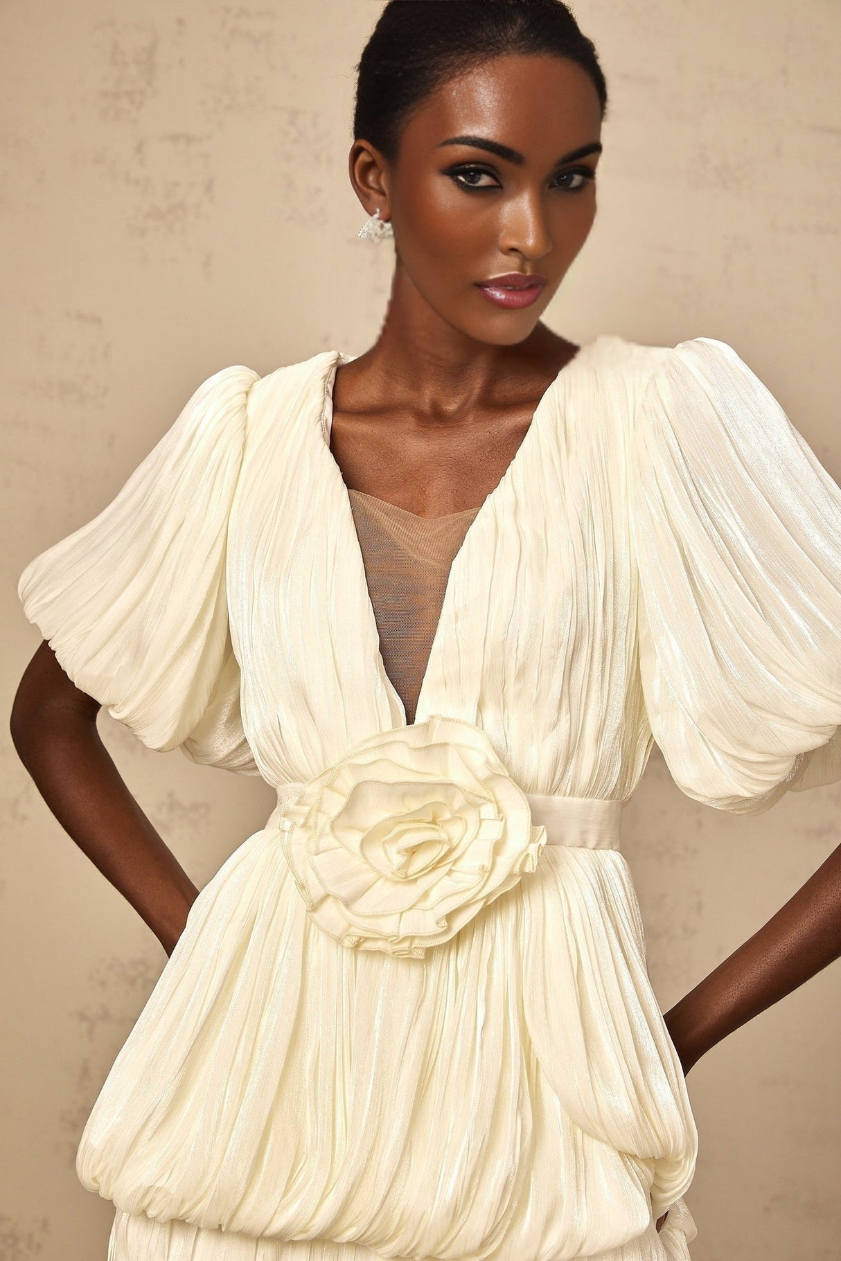 Amaya Mini Dress – V Neck – Floral - Appliqué – Bubble Skirt