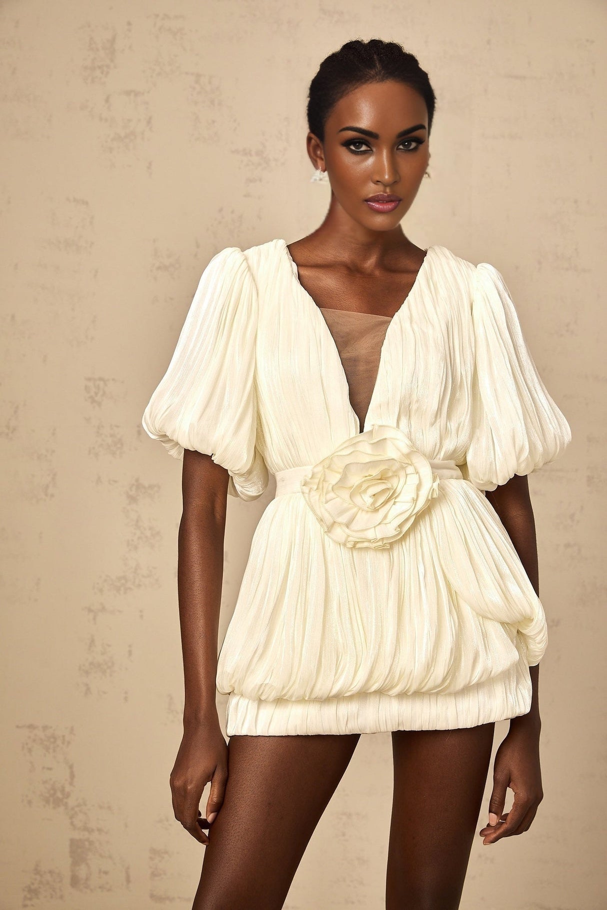 Amaya Mini Dress – V Neck – Floral - Appliqué – Bubble Skirt