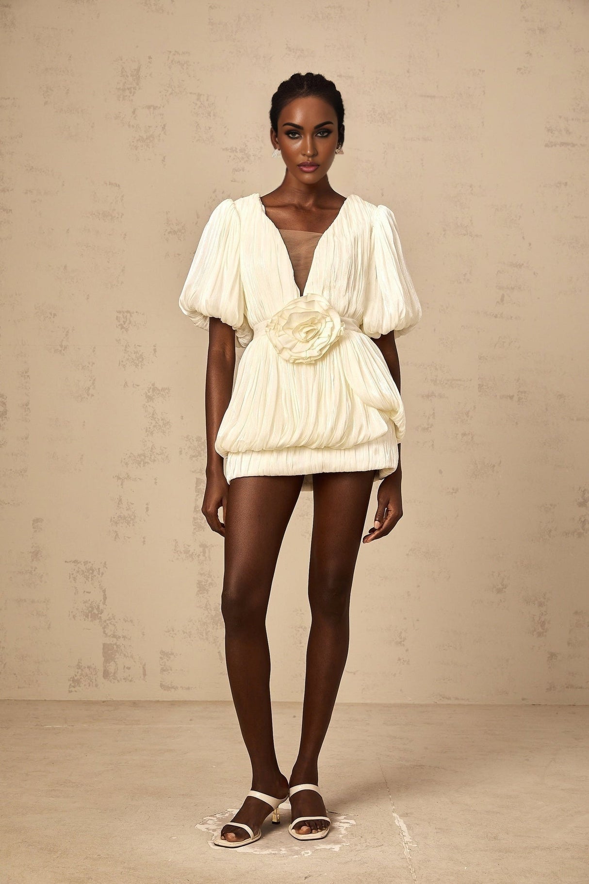 Amaya Mini Dress – V Neck – Floral - Appliqué – Bubble Skirt