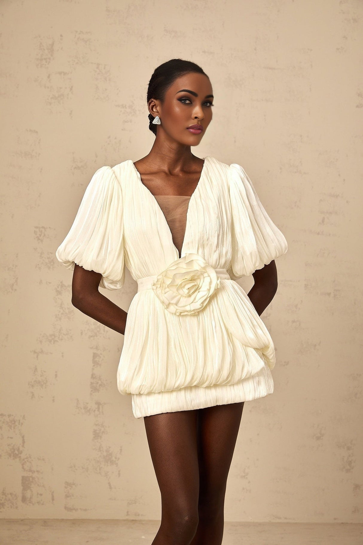 Amaya Mini Dress – V Neck – Floral - Appliqué – Bubble Skirt