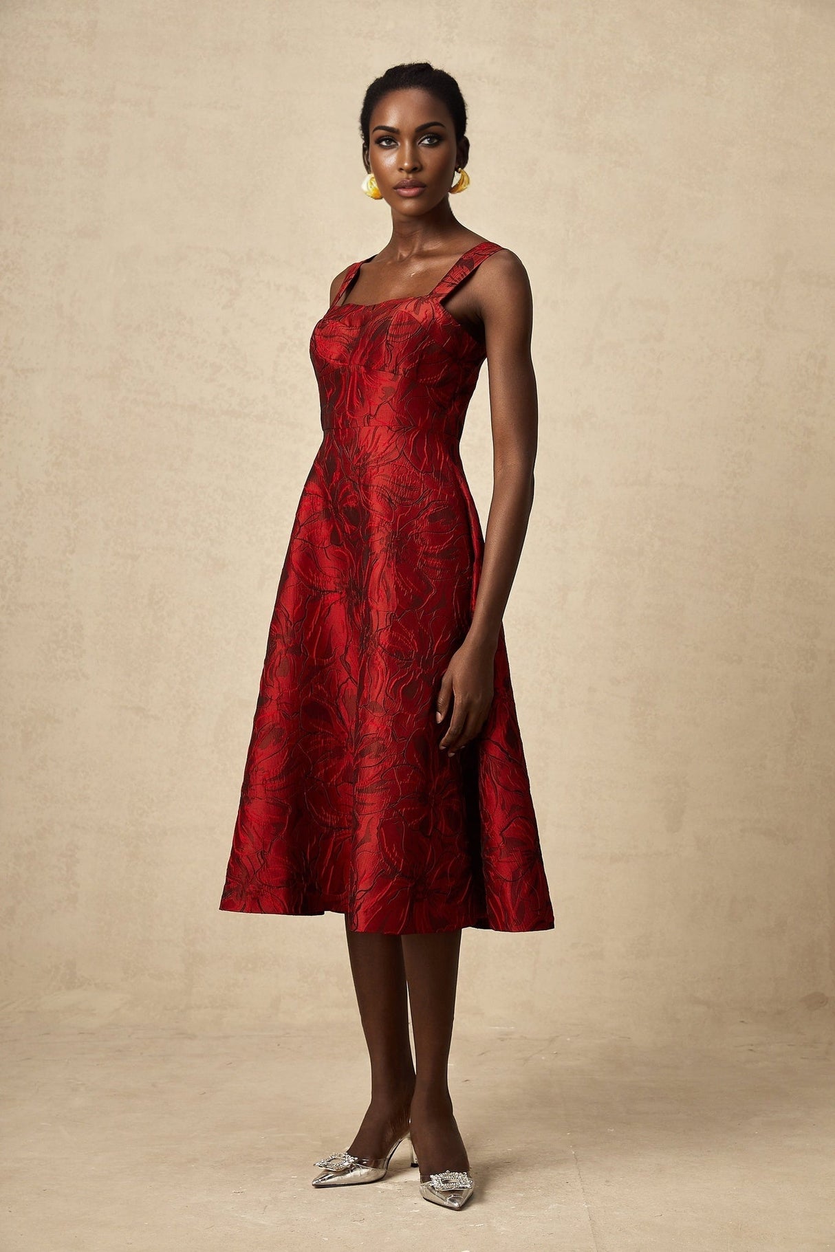 Amber Midi Dress - Sleeveless - Square Neck - Floral Jacquard - Flared Skirt - Side Pockets