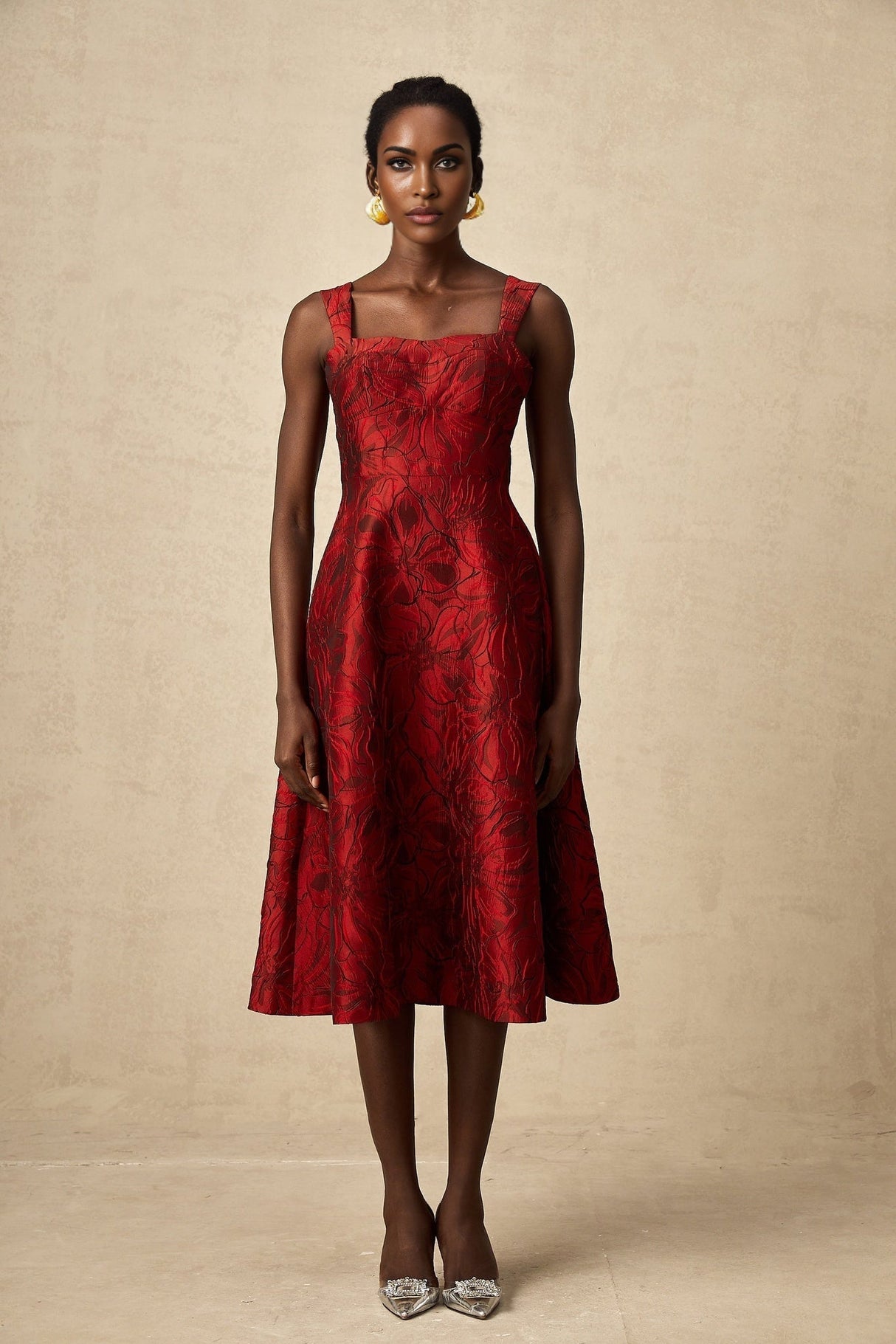 Amber Midi Dress - Sleeveless - Square Neck - Floral Jacquard - Flared Skirt - Side Pockets