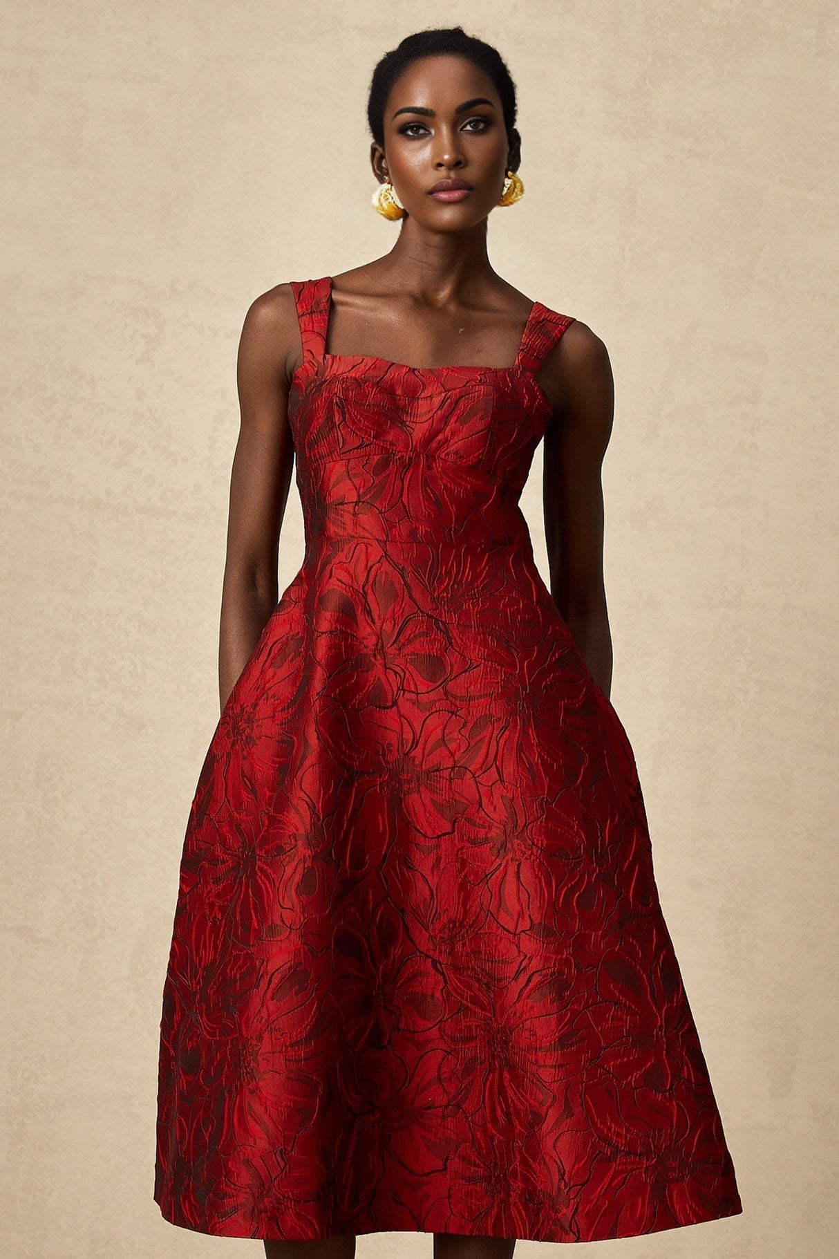 Amber Midi Dress - Sleeveless - Square Neck - Floral Jacquard - Flared Skirt - Side Pockets
