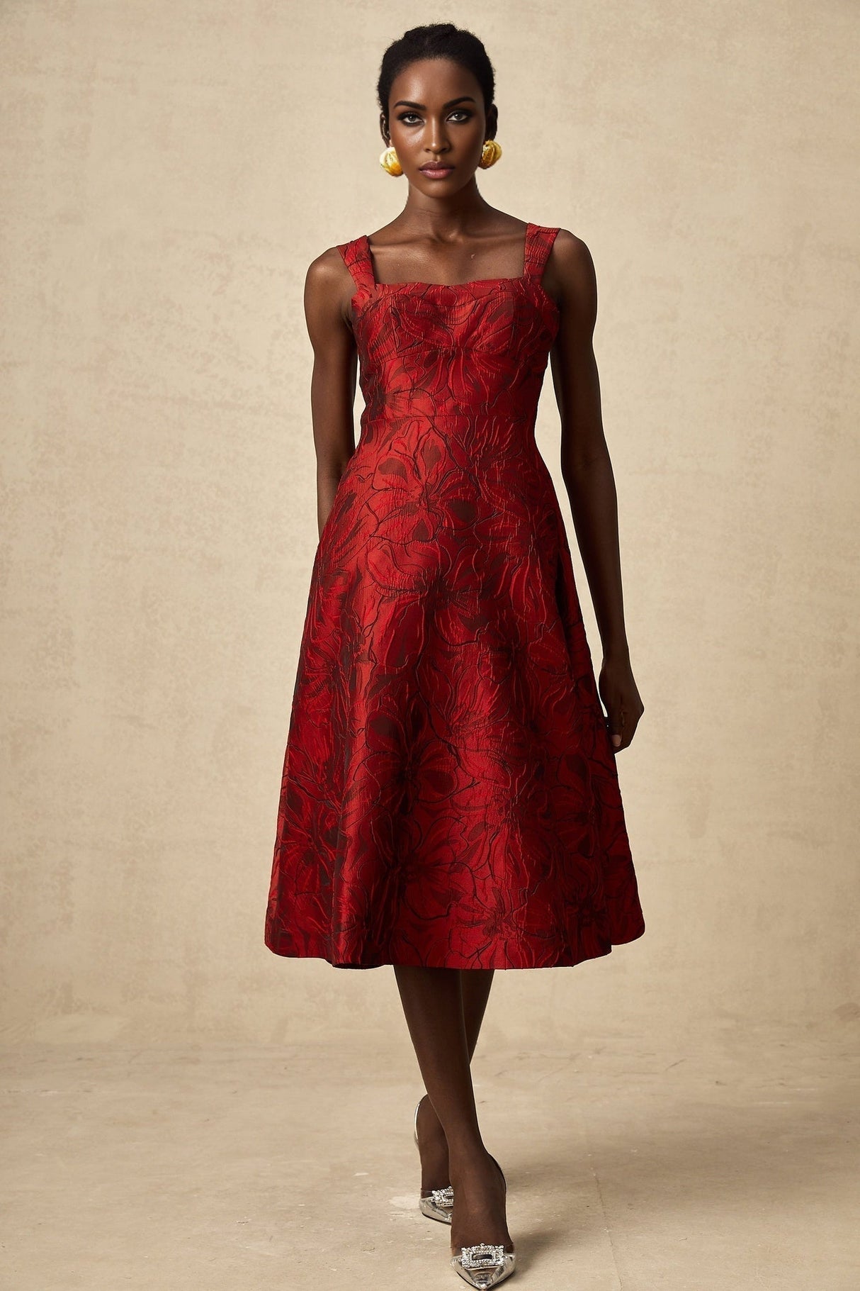Amber Midi Dress - Sleeveless - Square Neck - Floral Jacquard - Flared Skirt - Side Pockets