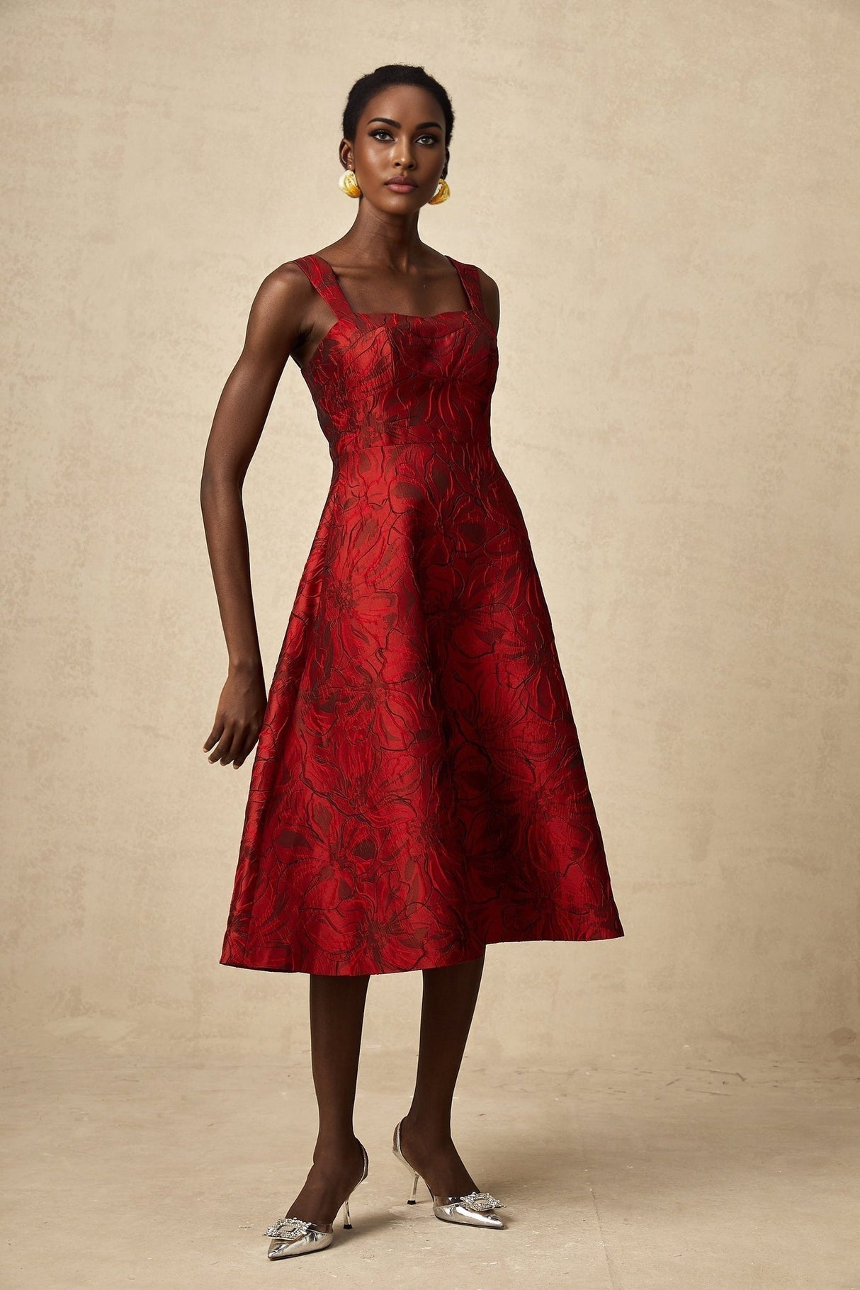 Amber Midi Dress - Sleeveless - Square Neck - Floral Jacquard - Flared Skirt - Side Pockets