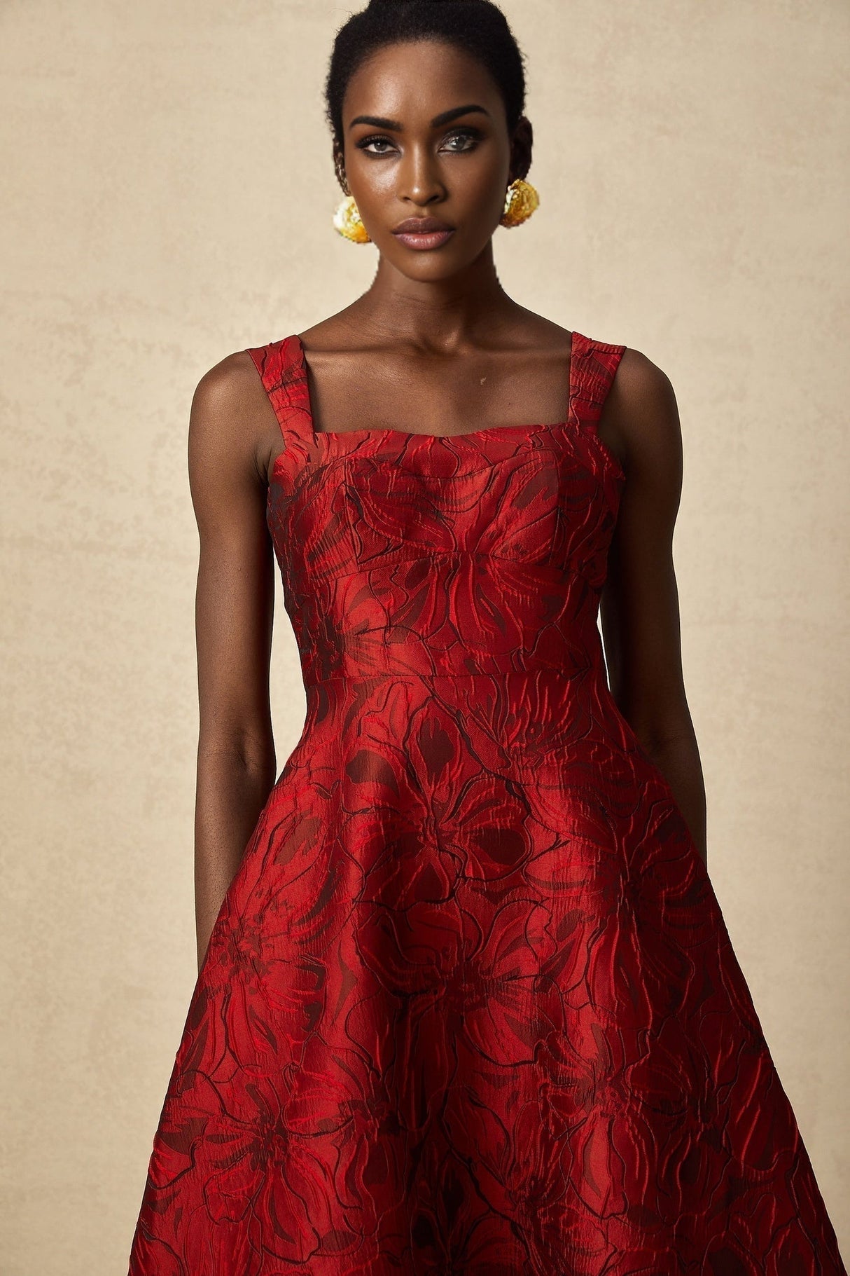 Amber Midi Dress - Sleeveless - Square Neck - Floral Jacquard - Flared Skirt - Side Pockets