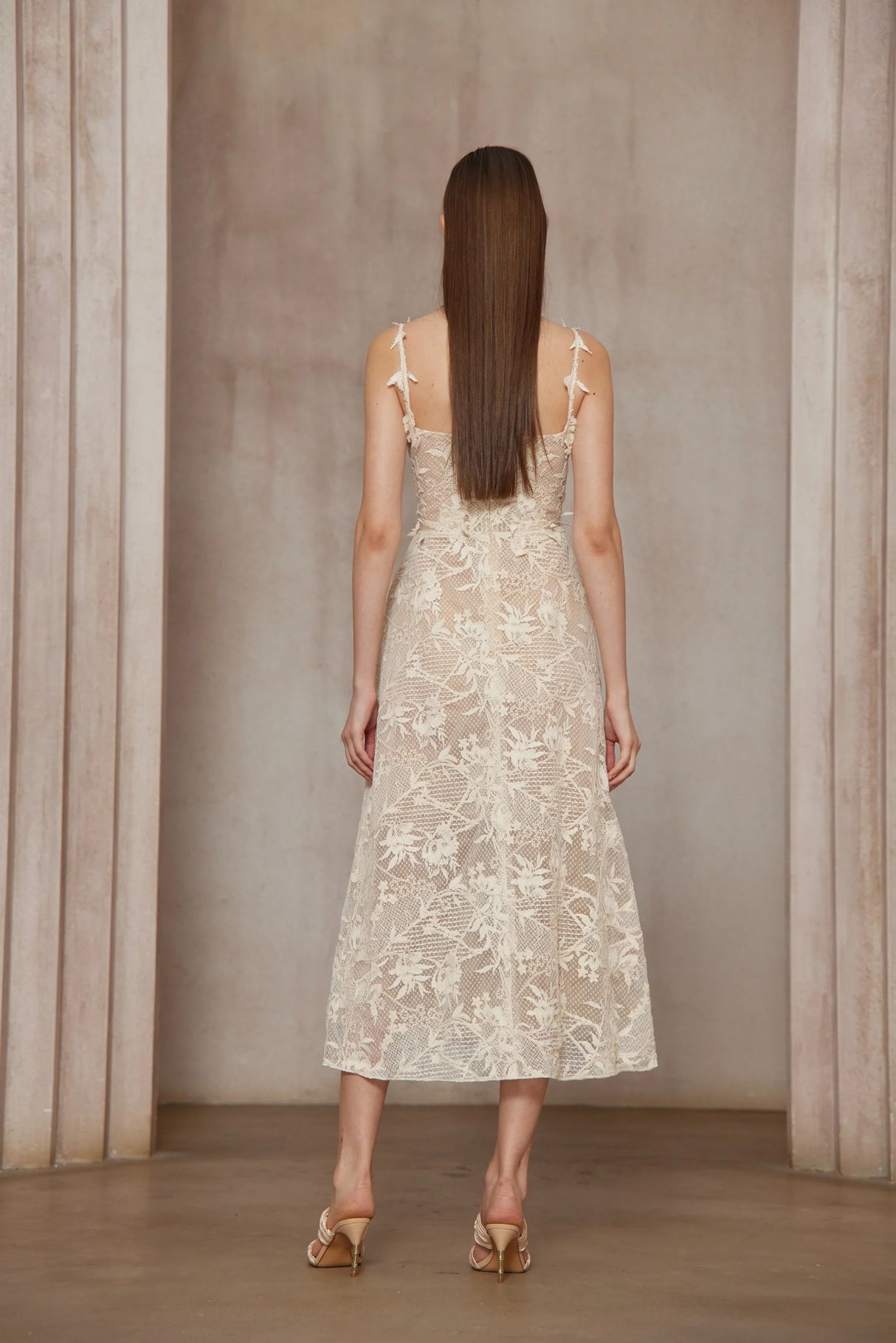 Amber White Sleeveless Floral Lace Midi Dress