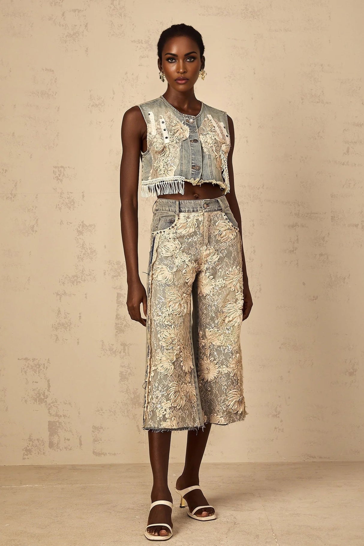 Ambra Denim Top Blue Lace - Panelled Cropped Fringed & Floral Embroidered