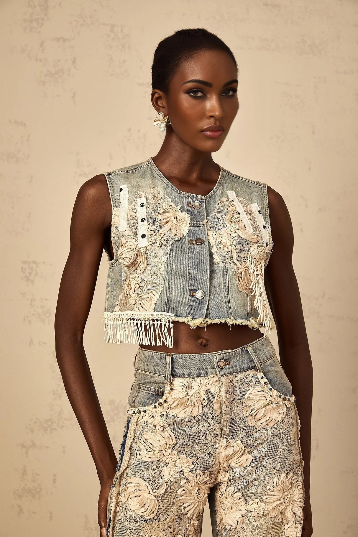 Ambra Denim Top Blue Lace - Panelled Cropped Fringed & Floral Embroidered