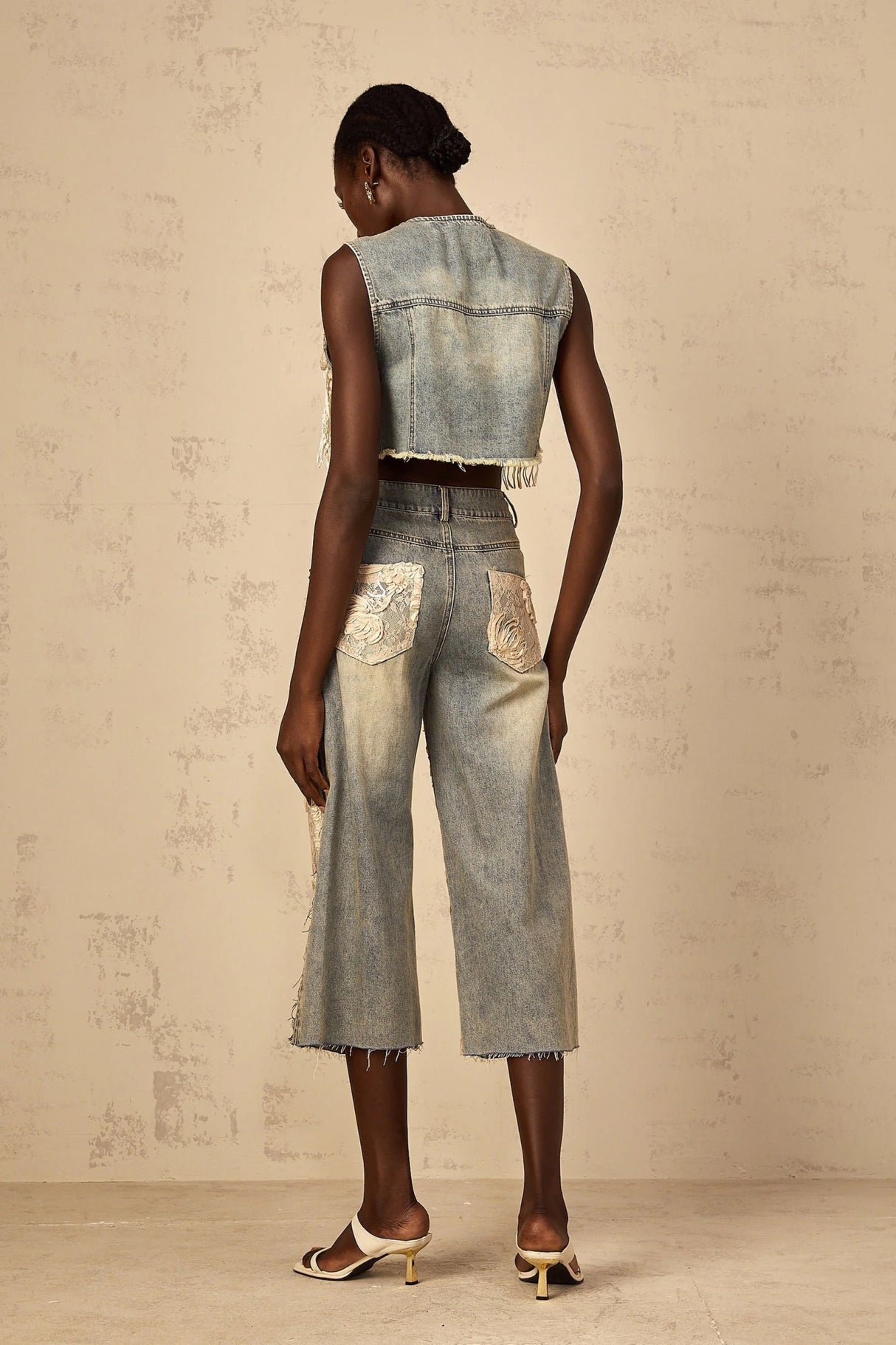 Ambra Denim Top Blue Lace - Panelled Cropped Fringed & Floral Embroidered