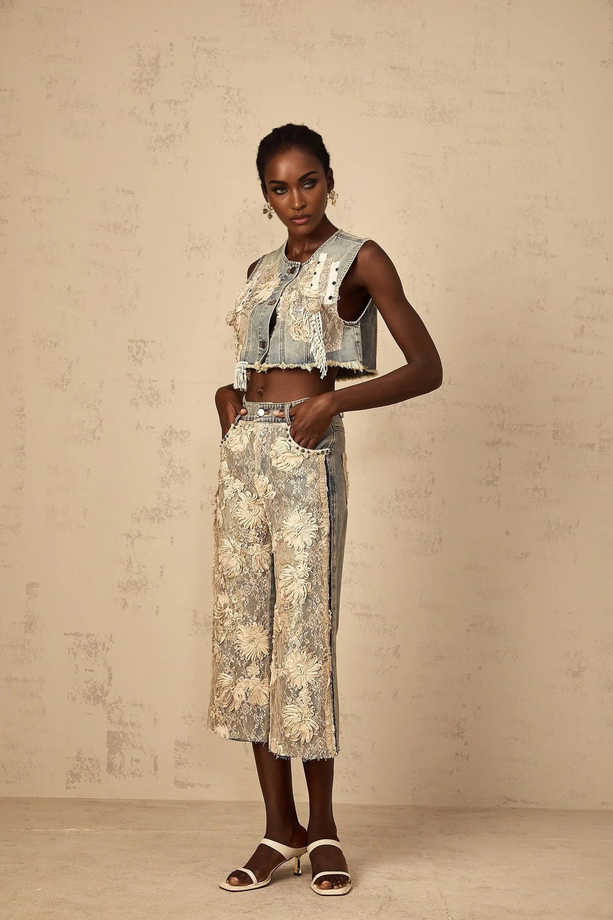 Ambra Denim Top Blue Lace - Panelled Cropped Fringed & Floral Embroidered