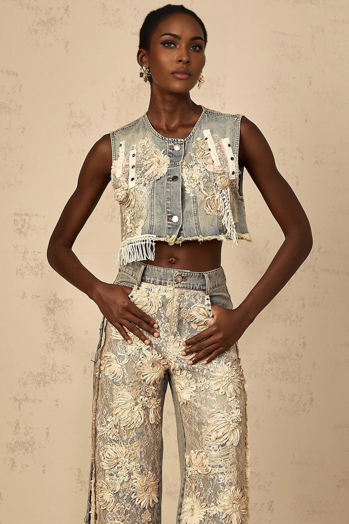 Ambra Denim Top Blue Lace - Panelled Cropped Fringed & Floral Embroidered